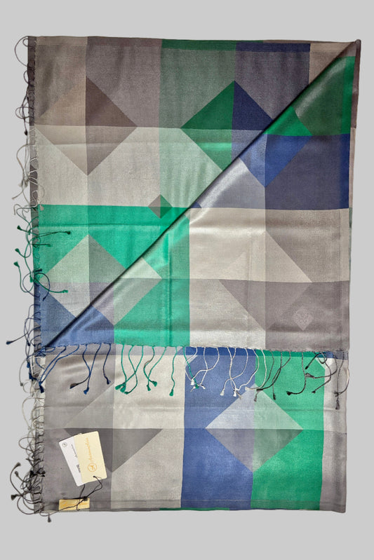 100% Silk -Designer Stole- Green, Blue, Silver and Grey