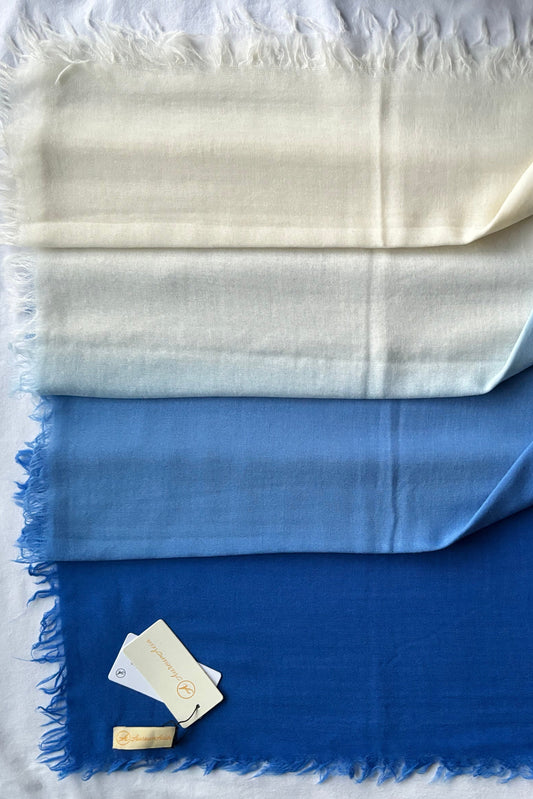 Blue, White, Sky Blue ombre stole in Super Fine Wool