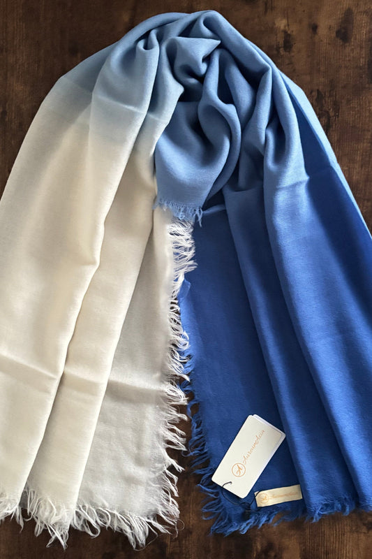 Blue, White, Sky Blue ombre stole in Super Fine Wool