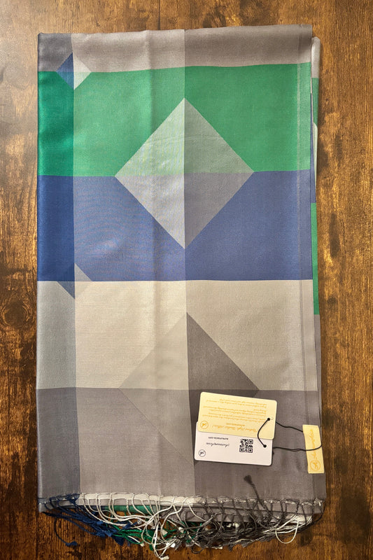 100% Silk -Designer Stole- Green, Blue, Silver and Grey