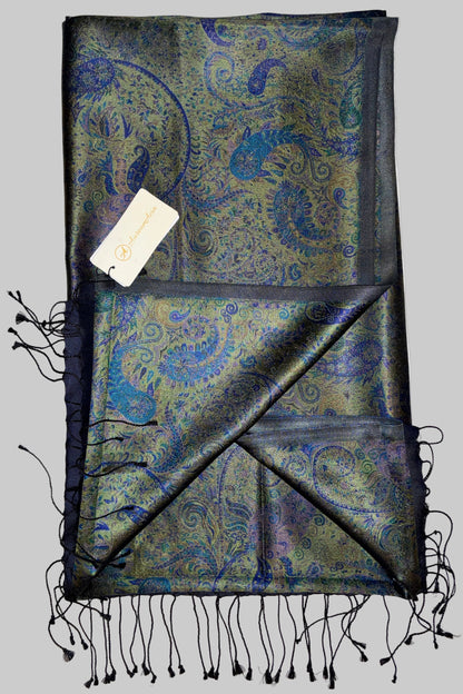 Damask Pattern Fringed Silk Stole with Royal Blue, Green, Golden on navy blue