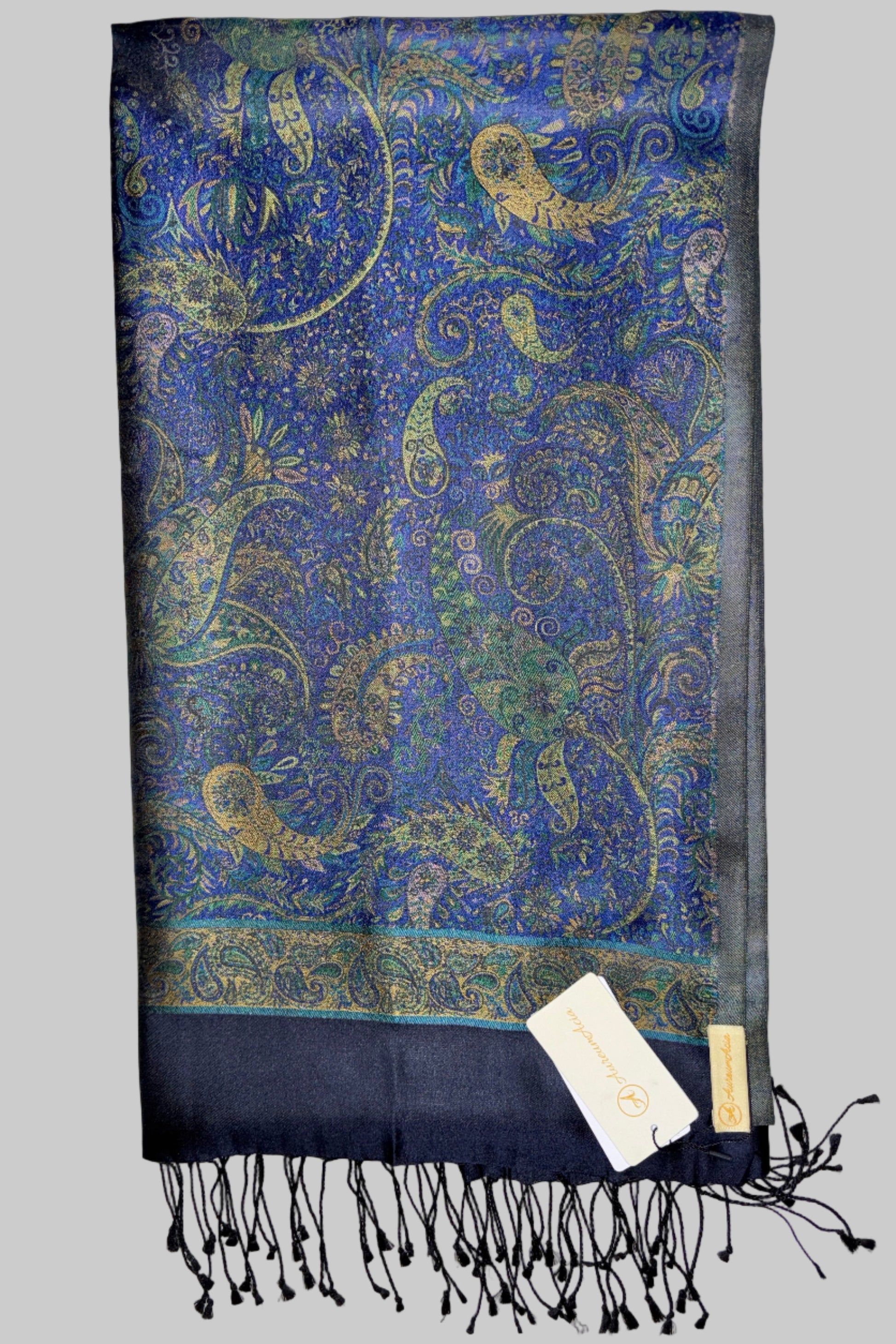 Damask Pattern Fringed Silk Stole with Royal Blue, Green, Golden on navy blue