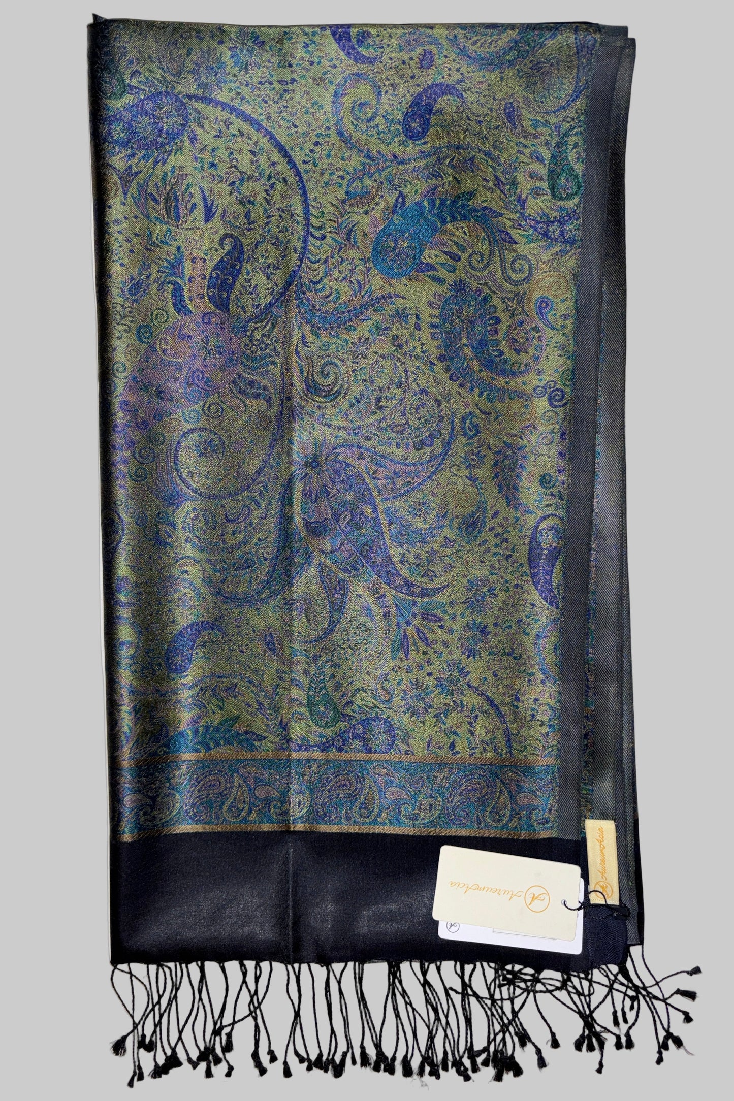 Damask Pattern Fringed Silk Stole with Royal Blue, Green, Golden on navy blue