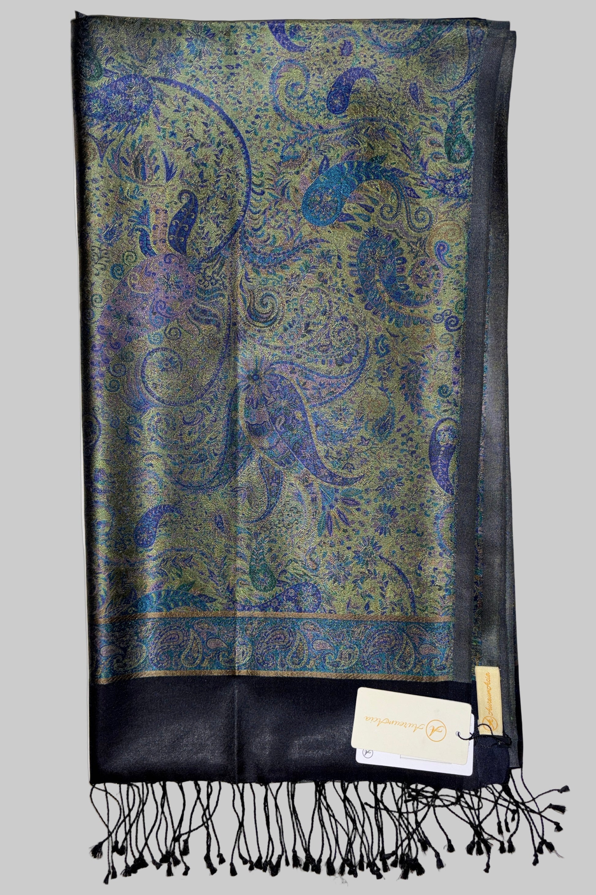 Damask Pattern Fringed Silk Stole with Royal Blue, Green, Golden on navy blue