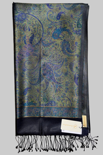 Damask Pattern Fringed Silk Stole with Royal Blue, Green, Golden on navy blue