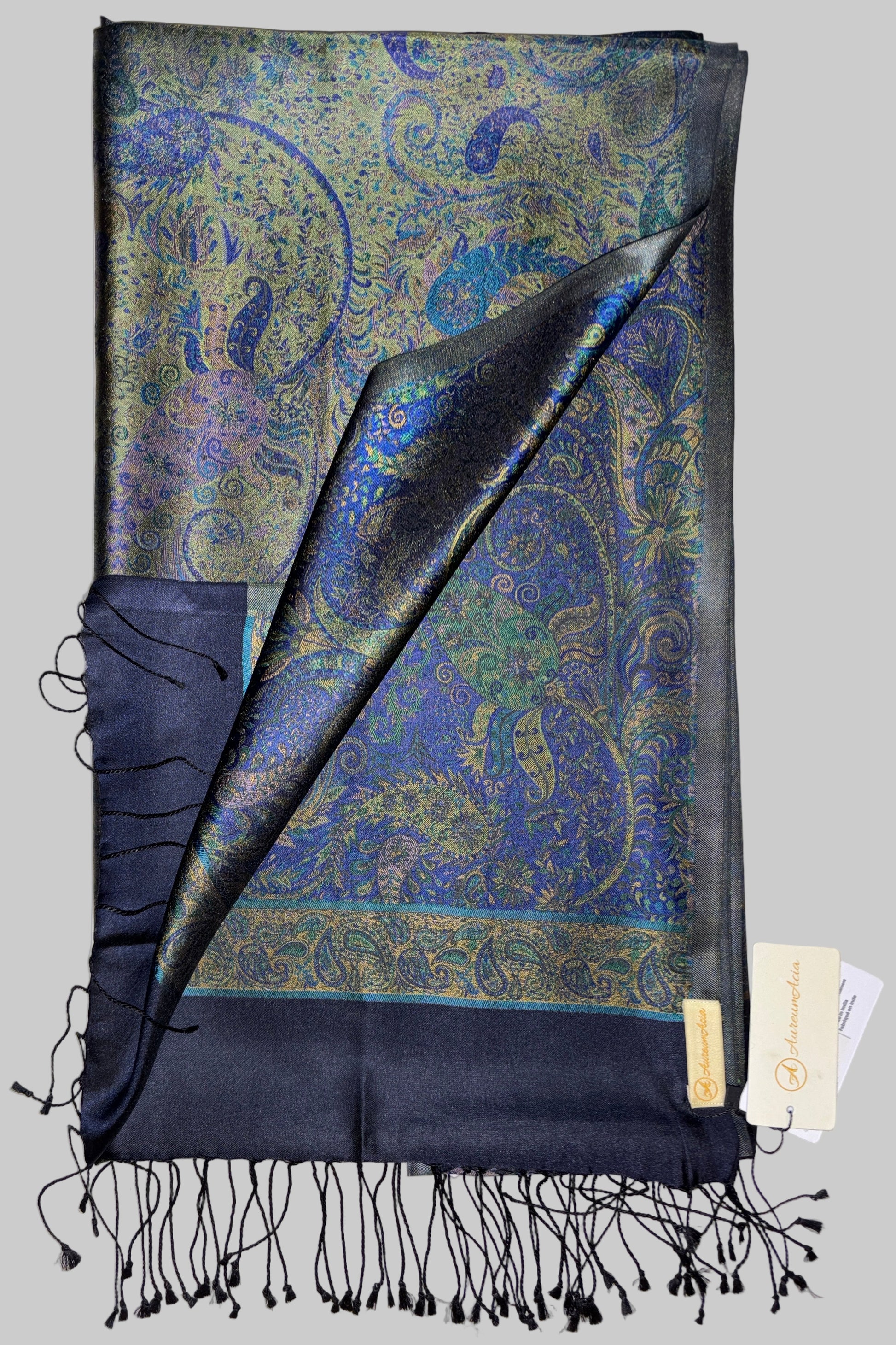 Damask Pattern Fringed Silk Stole with Royal Blue, Green, Golden on navy blue