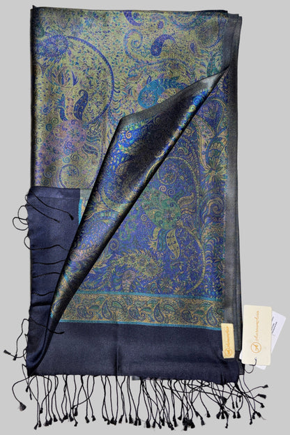 Damask Pattern Fringed Silk Stole with Royal Blue, Green, Golden on navy blue