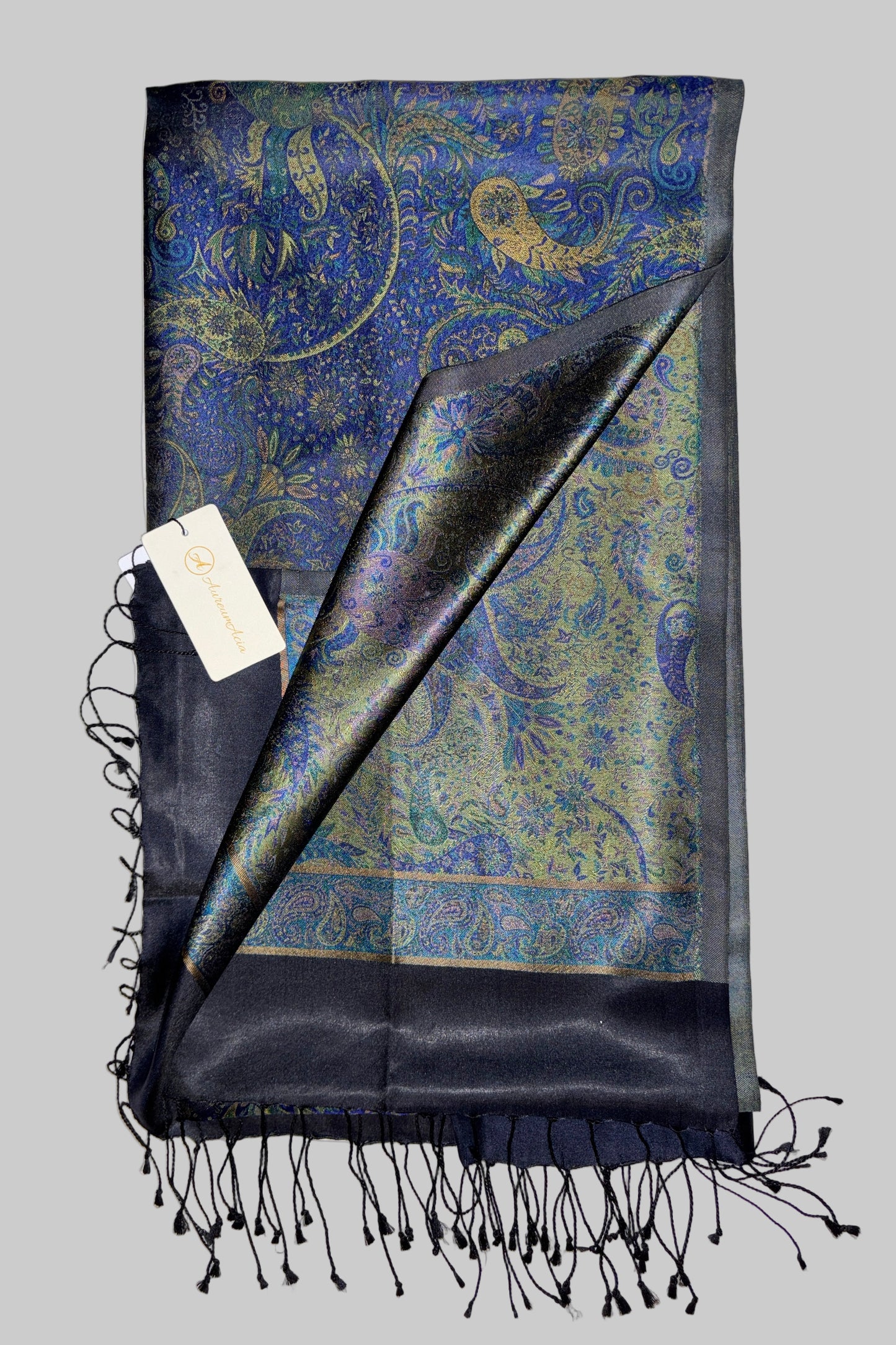 Damask Pattern Fringed Silk Stole with Royal Blue, Green, Golden on navy blue