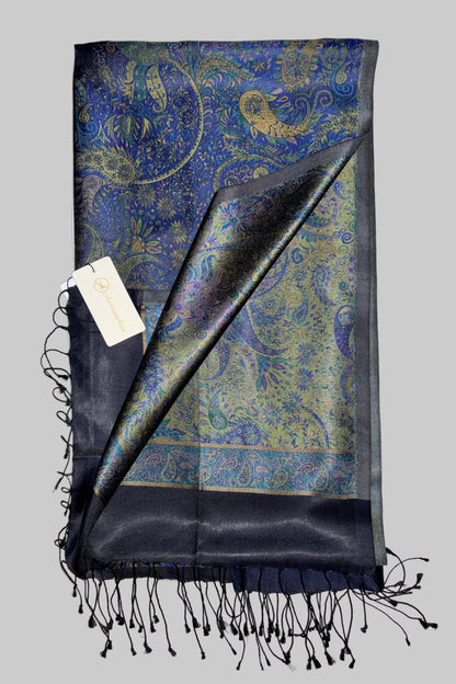 Damask Pattern Fringed Silk Stole with Royal Blue, Green, Golden on navy blue