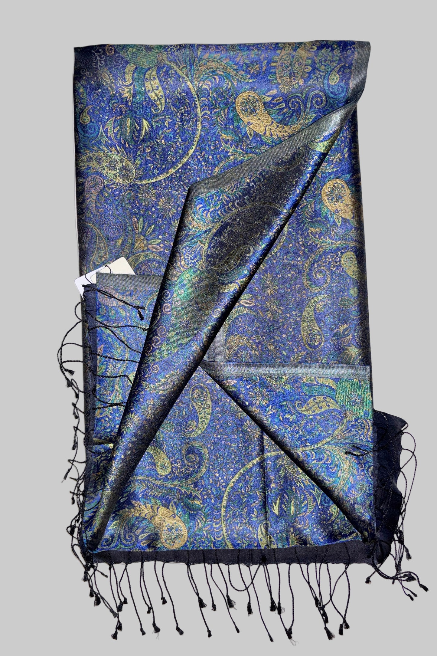 Damask Pattern Fringed Silk Stole with Royal Blue, Green, Golden on navy blue