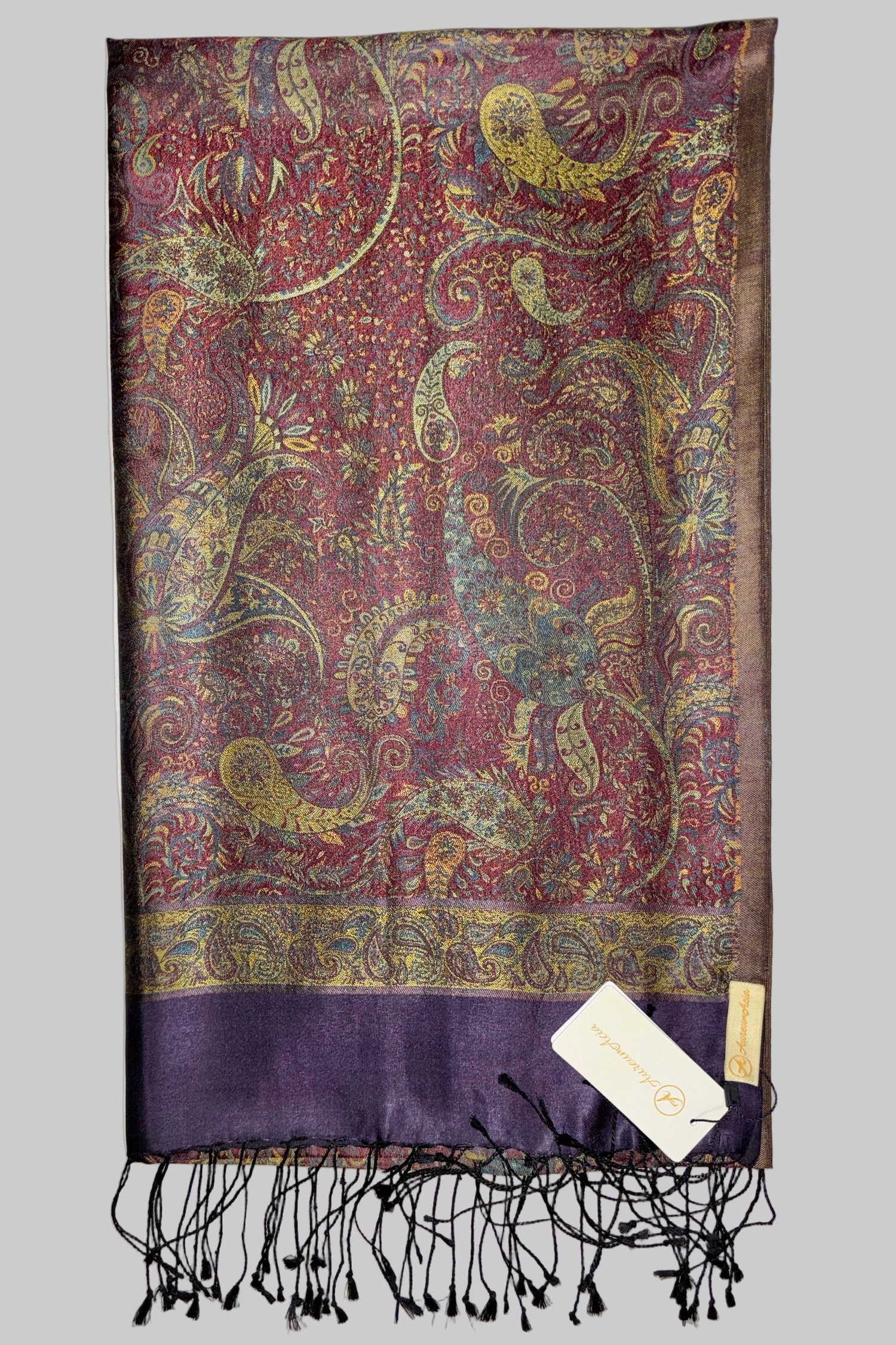 Damask Pattern Fringed Silk Stole with Maroon, Gold and Teal Blue on Purple