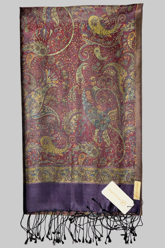 Damask Pattern Fringed Silk Stole with Maroon, Gold and Teal Blue on Purple