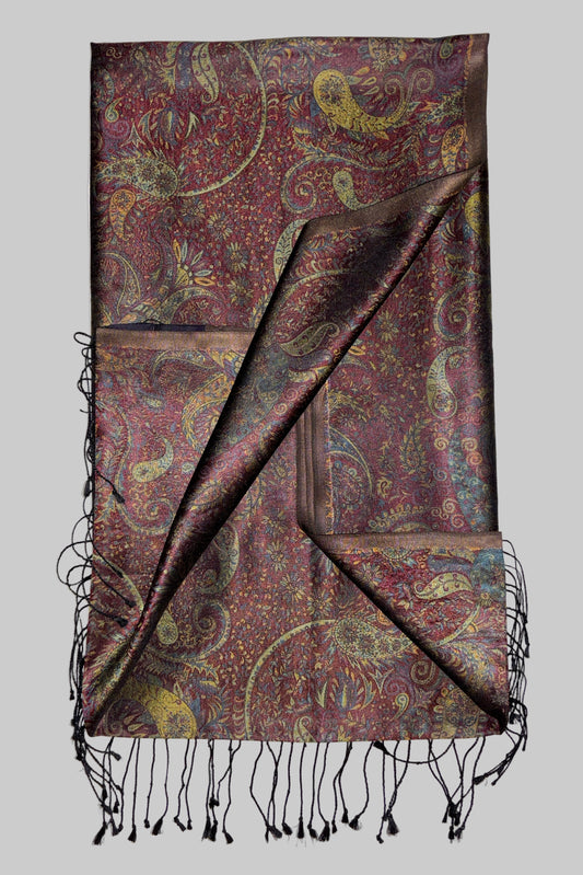 Damask Pattern Fringed Silk Stole with Maroon, Gold and Teal Blue on Purple