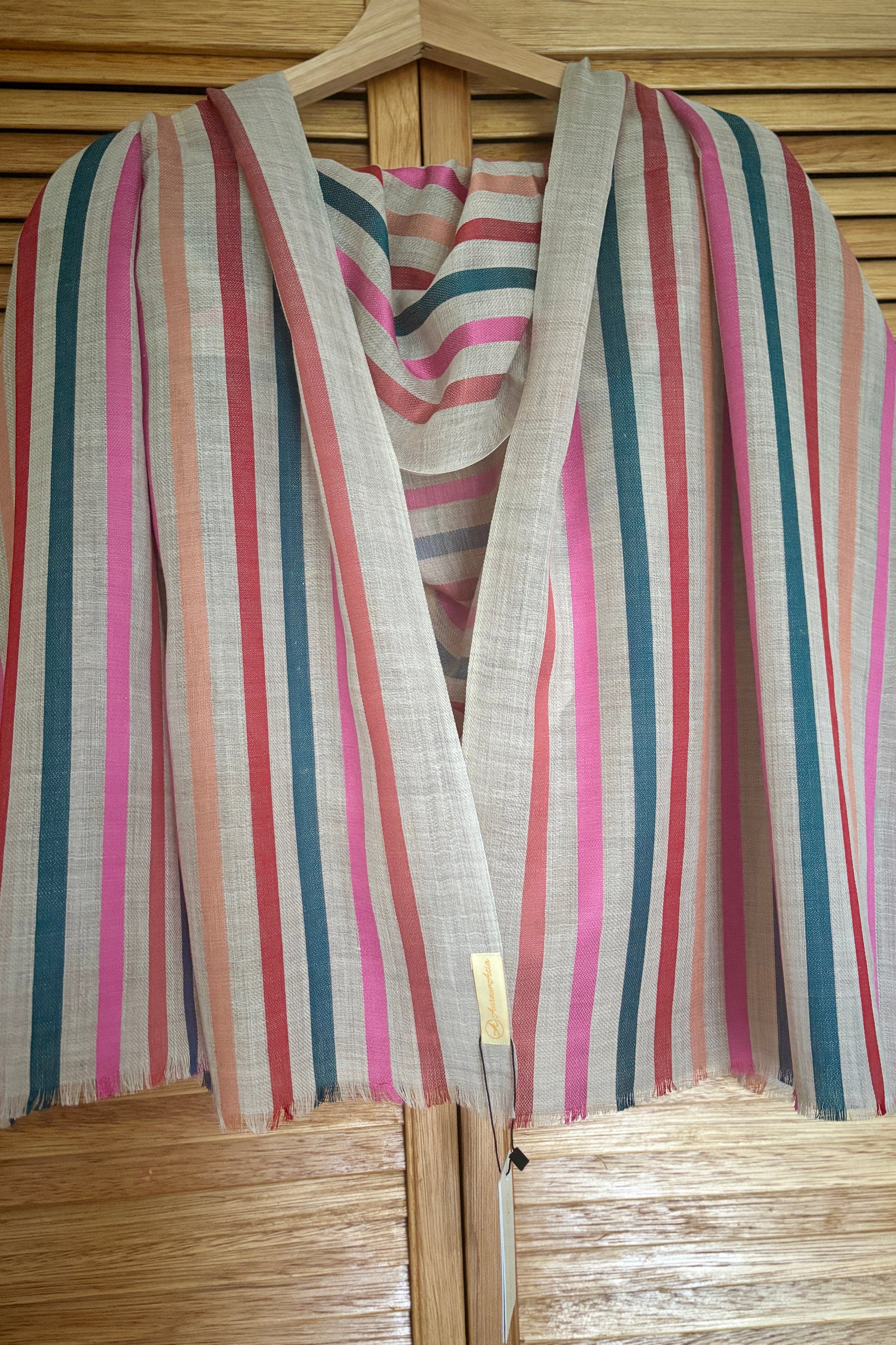 Stone Coloured Stole with Multicolour Stripes