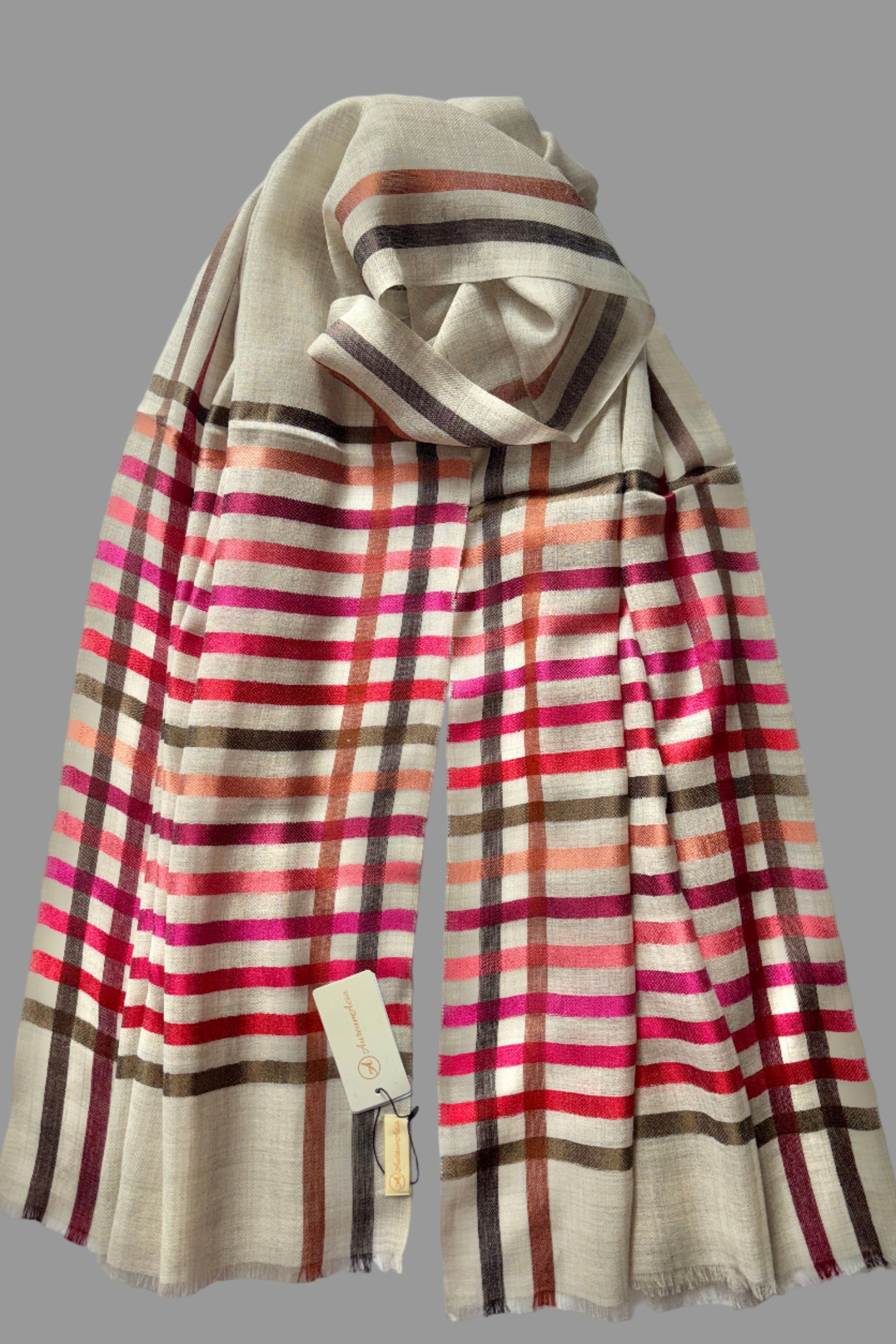 Wool-Silk Stole with Rainbow Edge-Light Grey