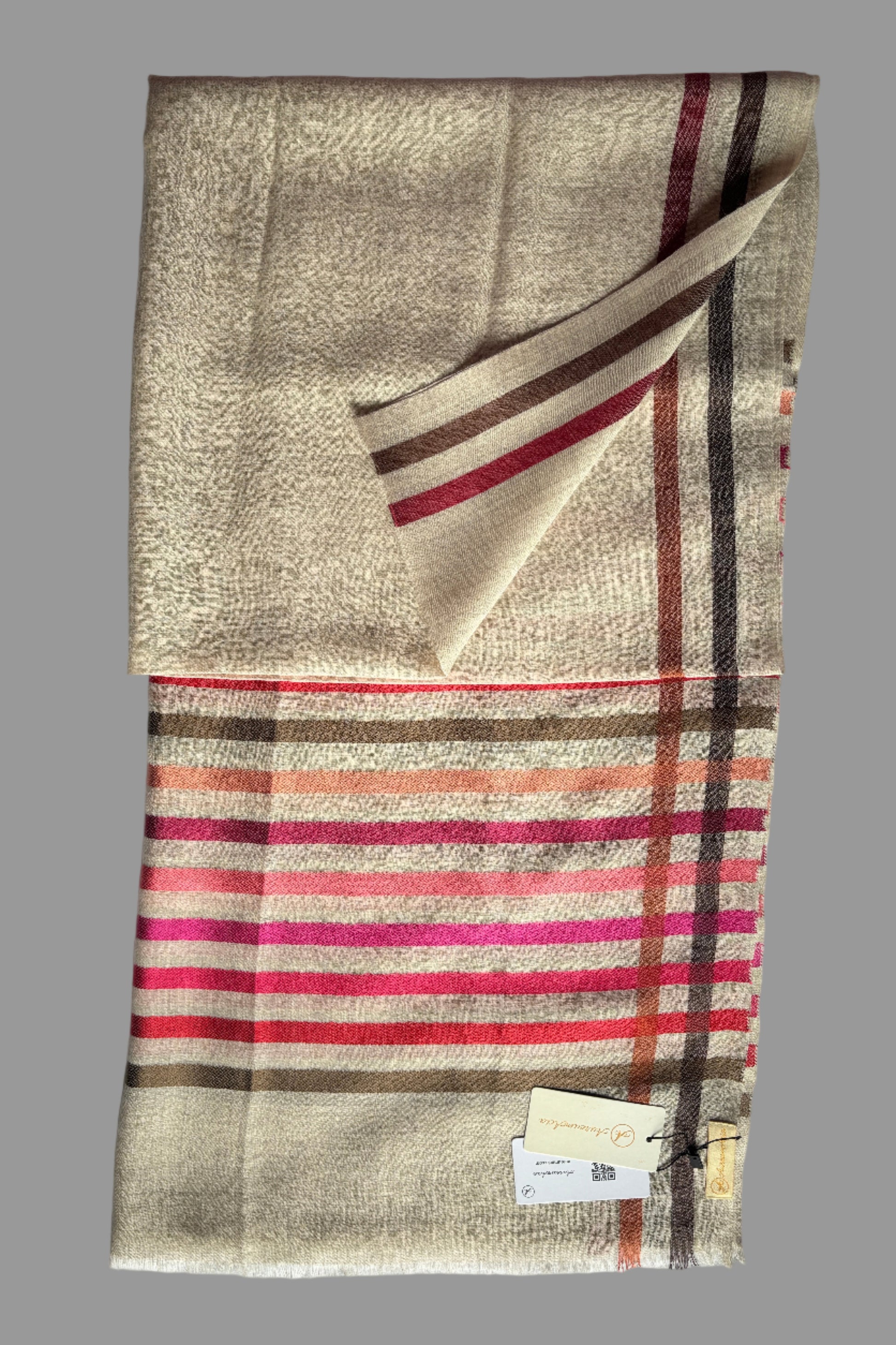 Wool-Silk Stole with Rainbow Edge-Light Grey