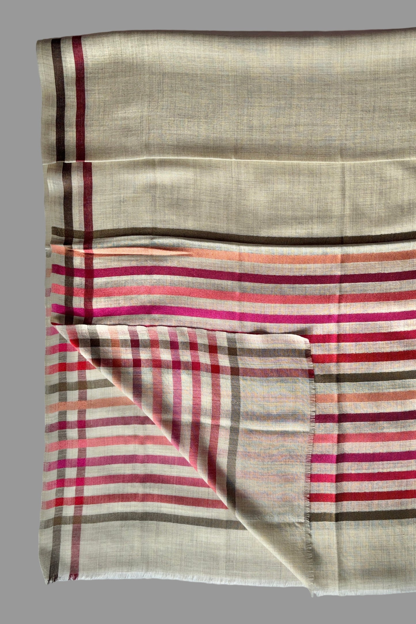 Wool-Silk Stole with Rainbow Edge-Light Grey