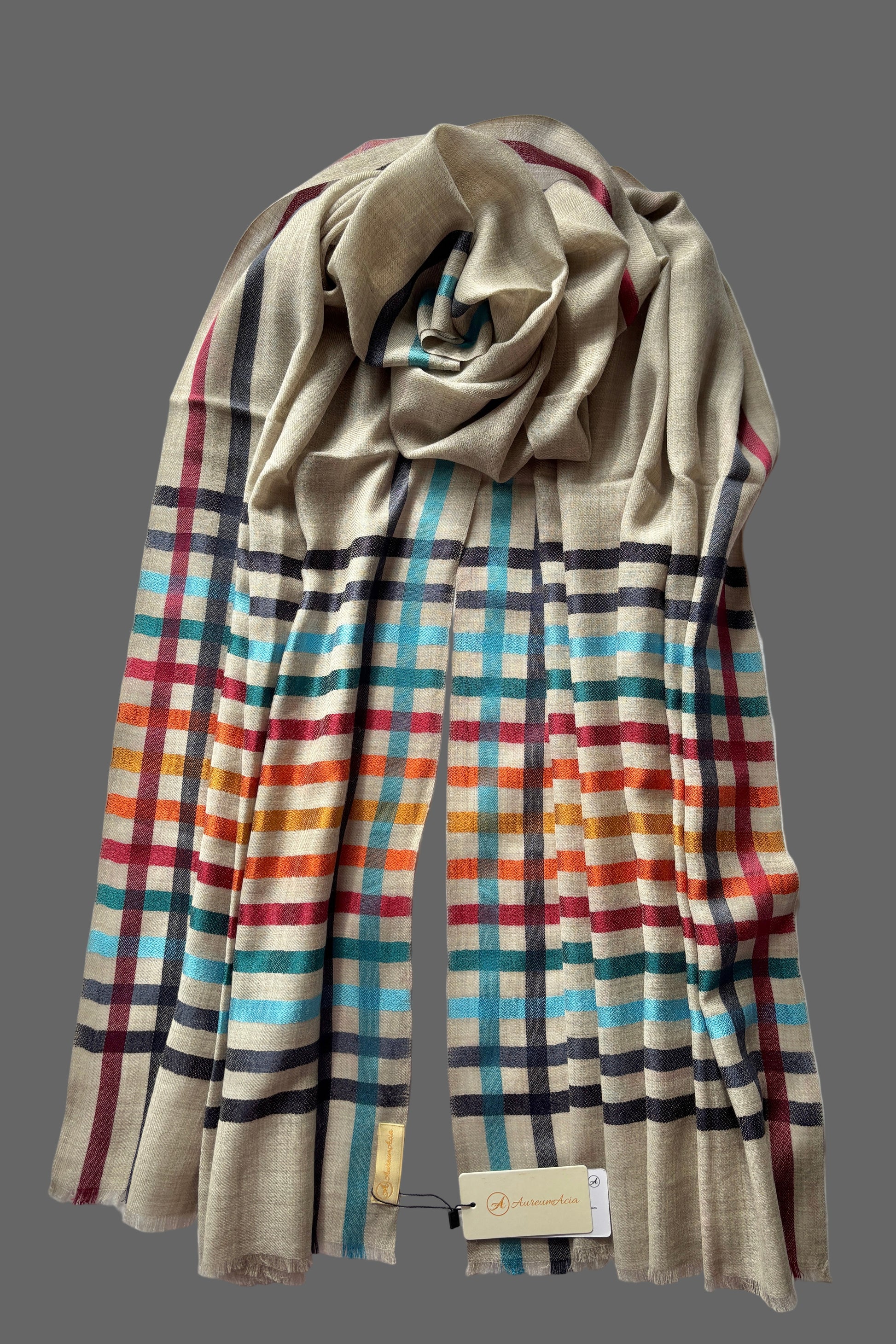 Wool-Silk Stole with Rainbow Edge-Grey