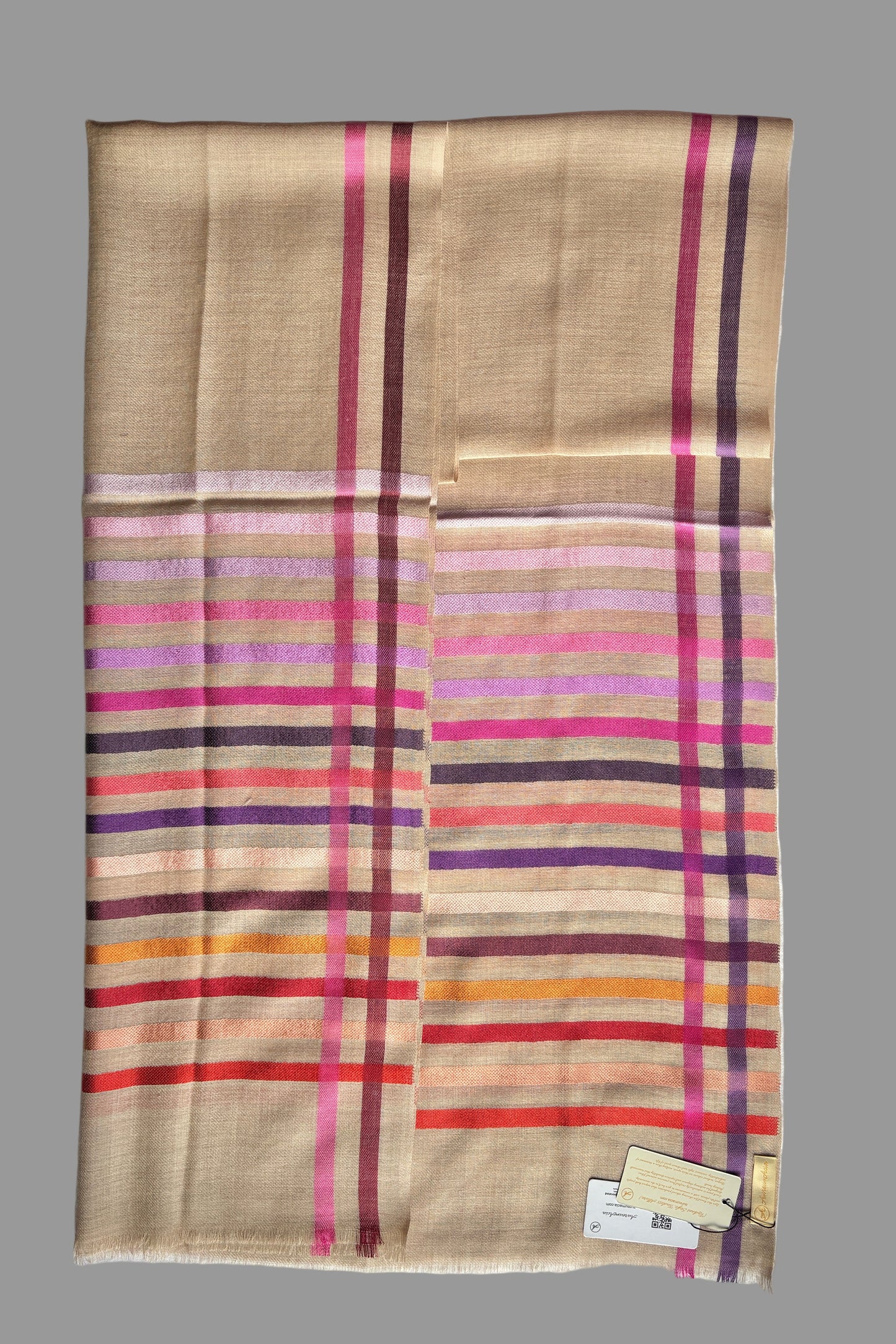 Wool-Silk Stole with Rainbow Edge-Light Brown 