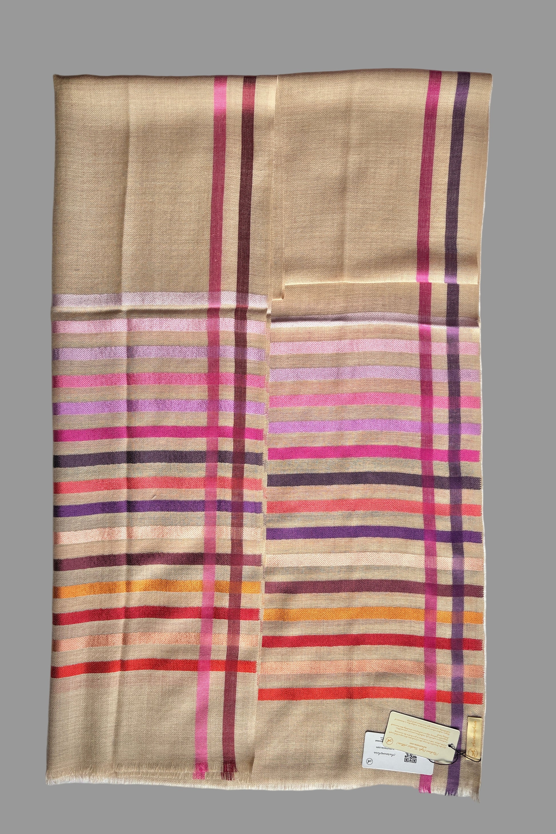Wool-Silk Stole with Rainbow Edge-Light Brown 