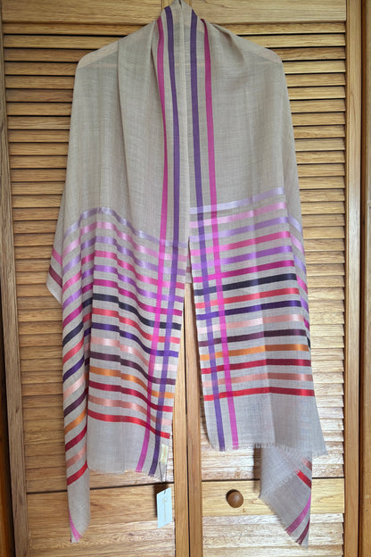 Wool-Silk Stole with Rainbow Edge-Light Brown 