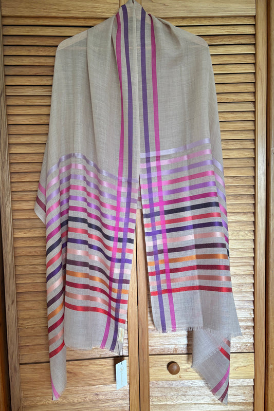Wool-Silk Stole with Rainbow Edge-Light Brown 