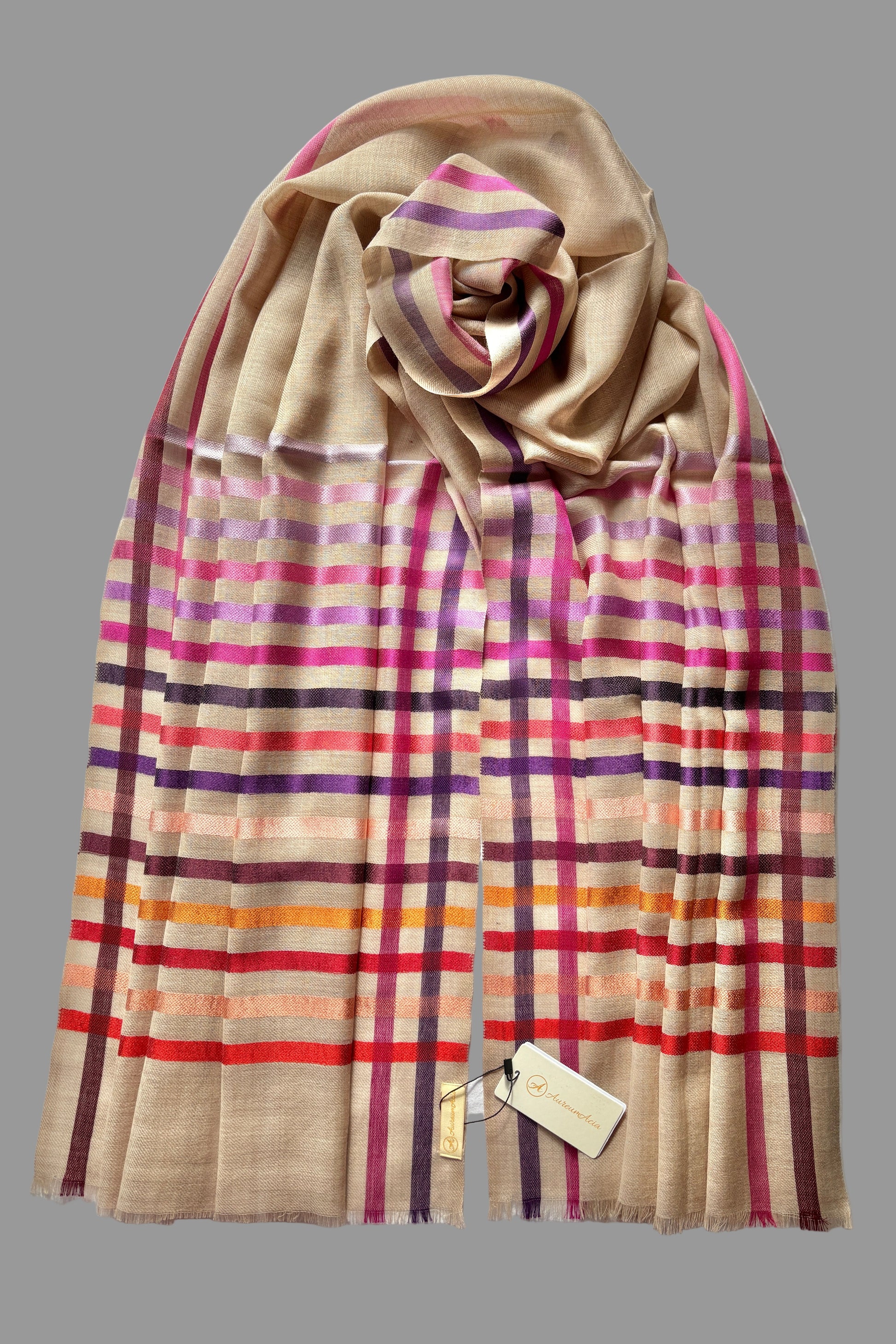 Wool-Silk Stole with Rainbow Edge-Light Brown 