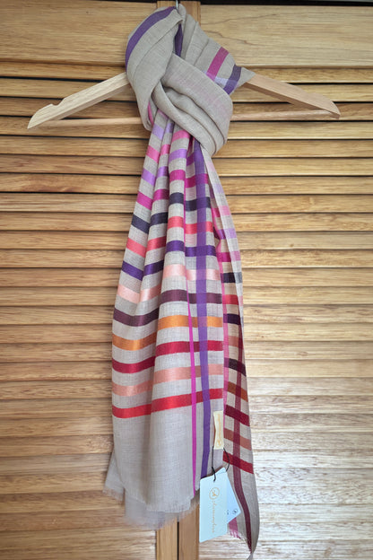 Wool-Silk Stole with Rainbow Edge-Light Brown 