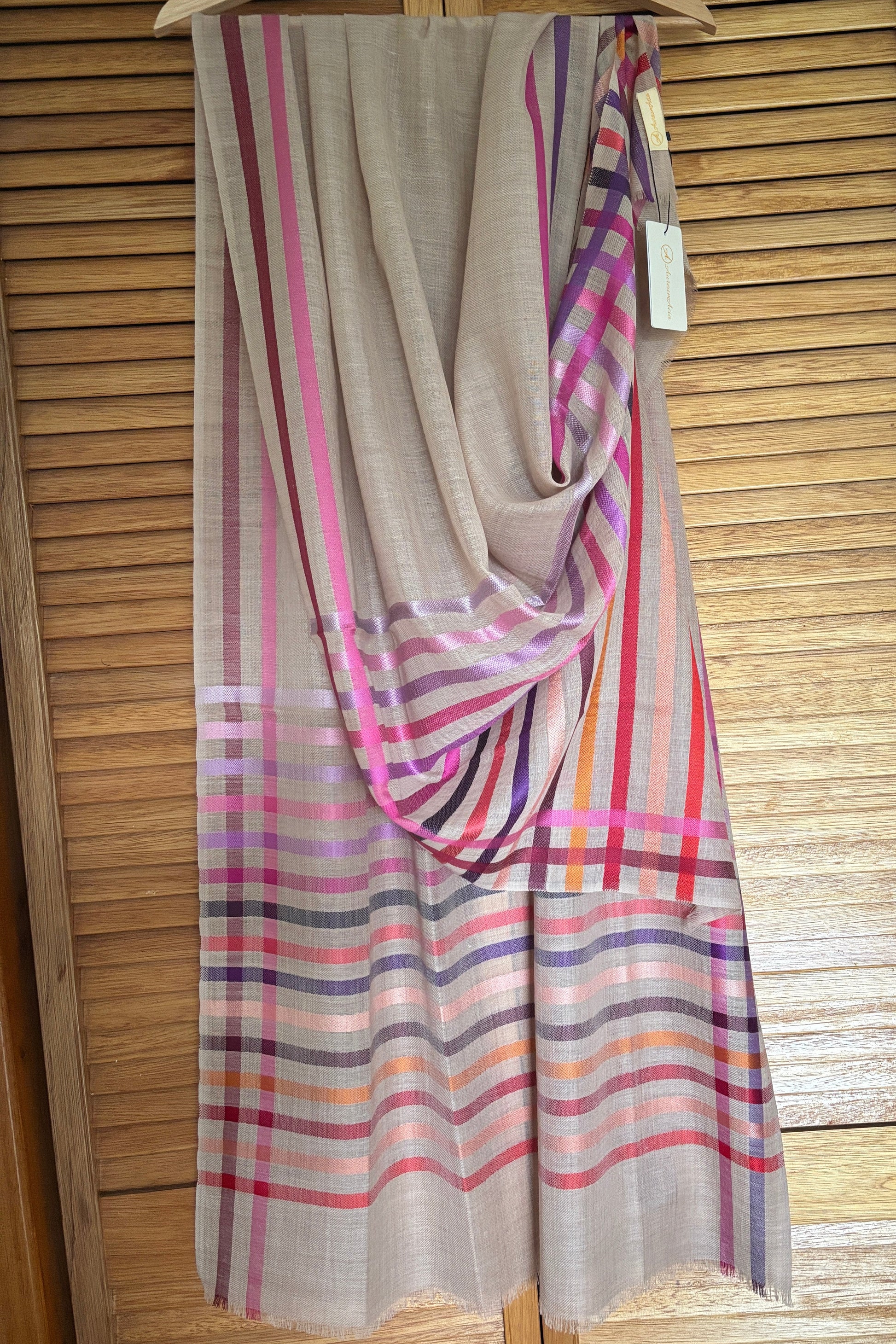 Wool-Silk Stole with Rainbow Edge-Light Brown 