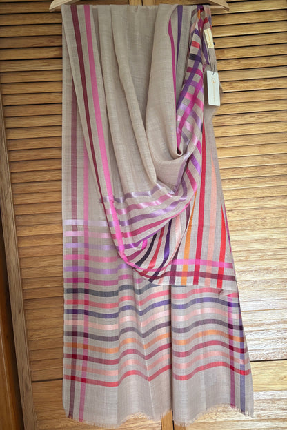 Wool-Silk Stole with Rainbow Edge-Light Brown 