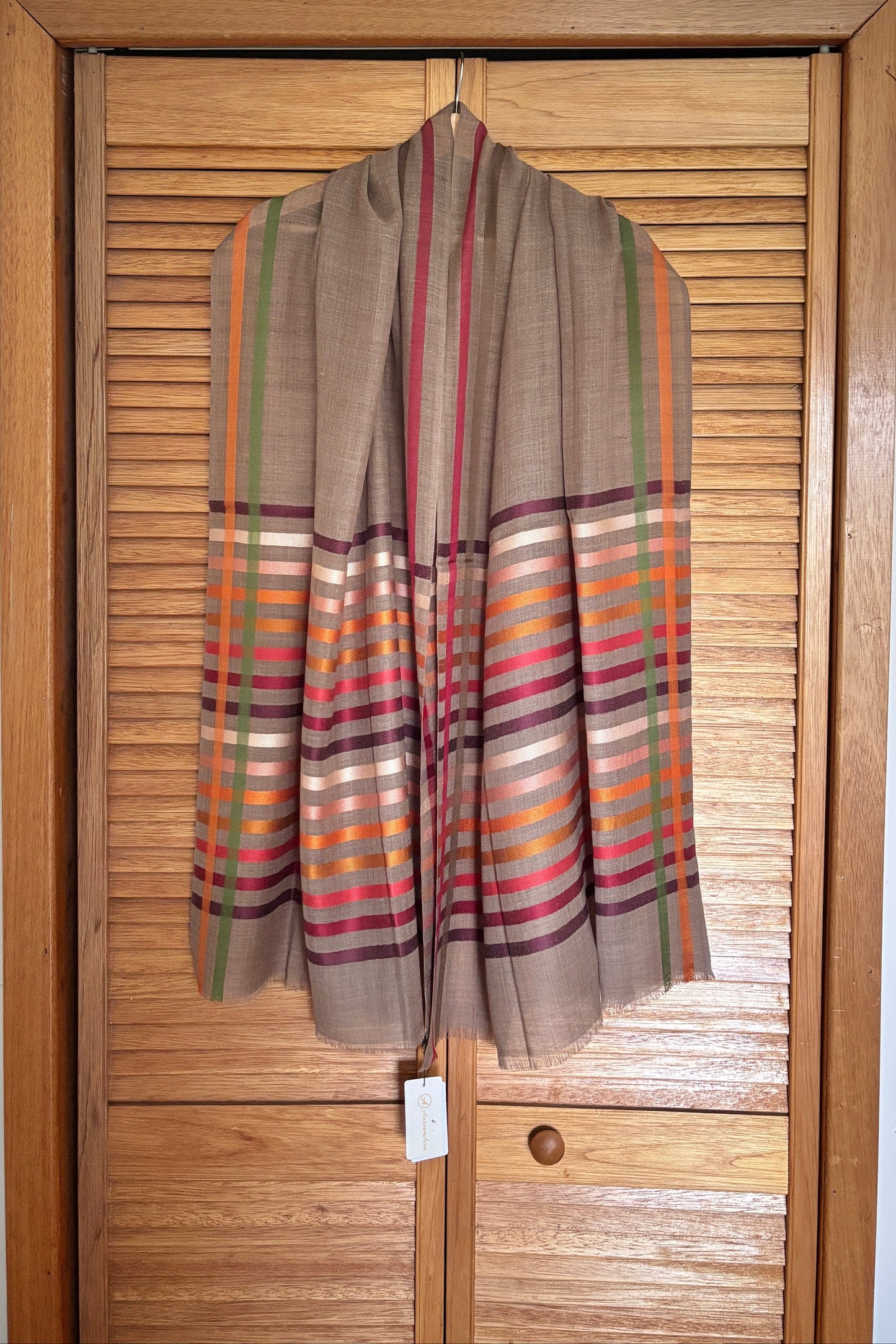Brown Wool-Silk Stole with Rainbow Edge
