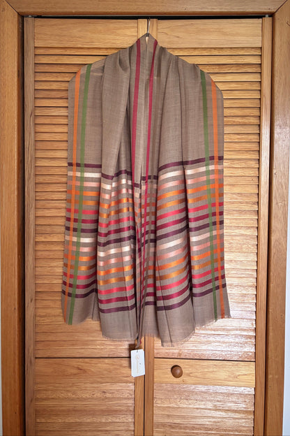 Brown Wool-Silk Stole with Rainbow Edge