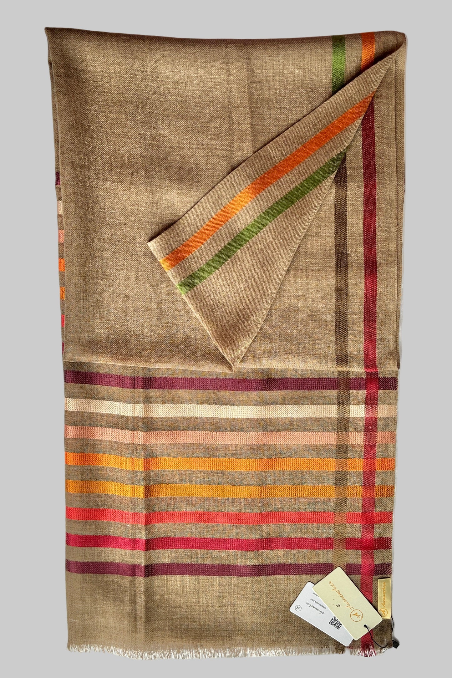 Brown Wool-Silk Stole with Rainbow Edge