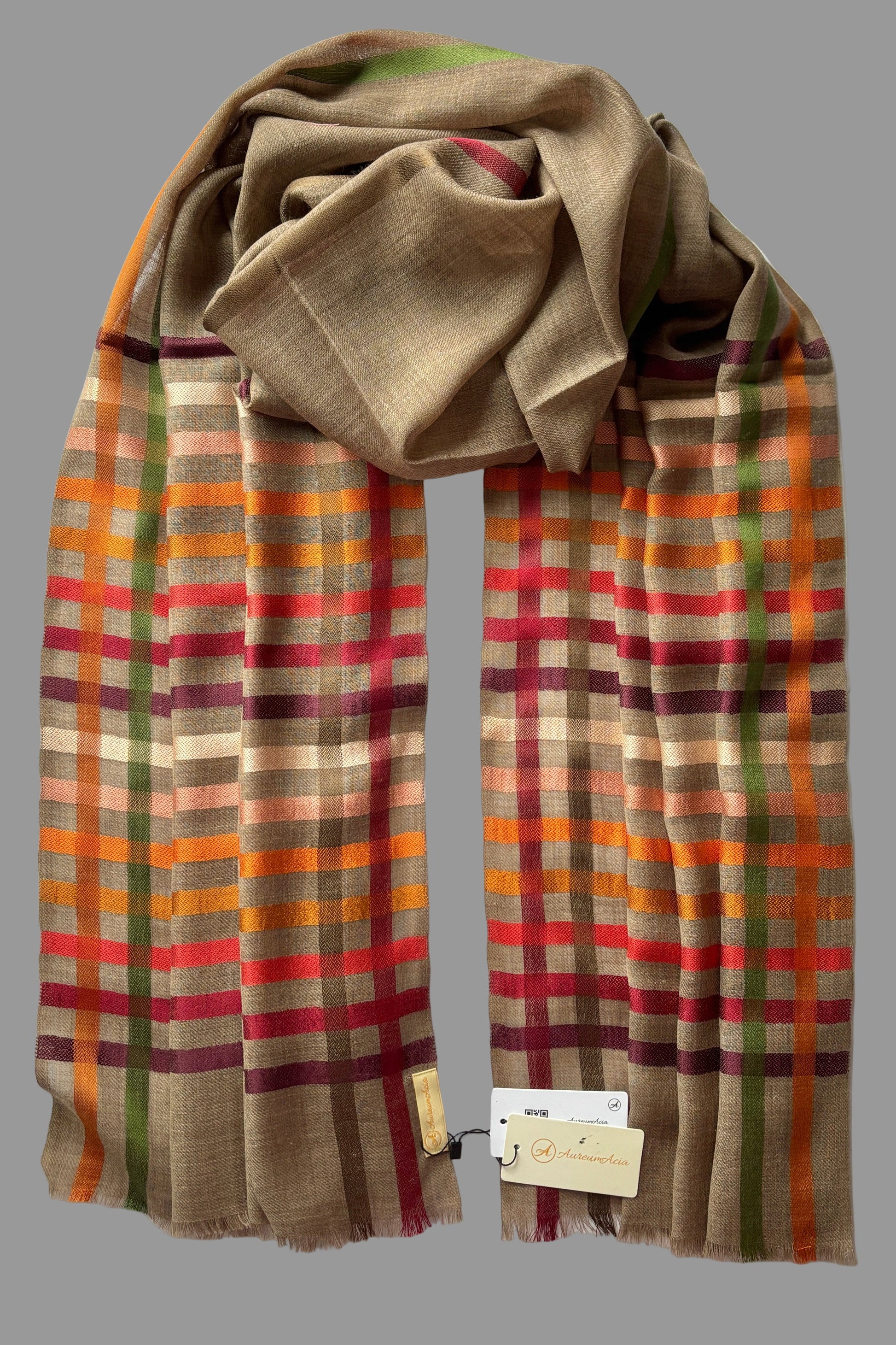 Brown Wool-Silk Stole with Rainbow Edge
