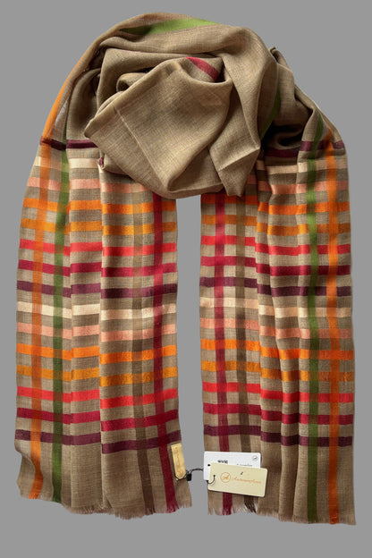 Brown Wool-Silk Stole with Rainbow Edge