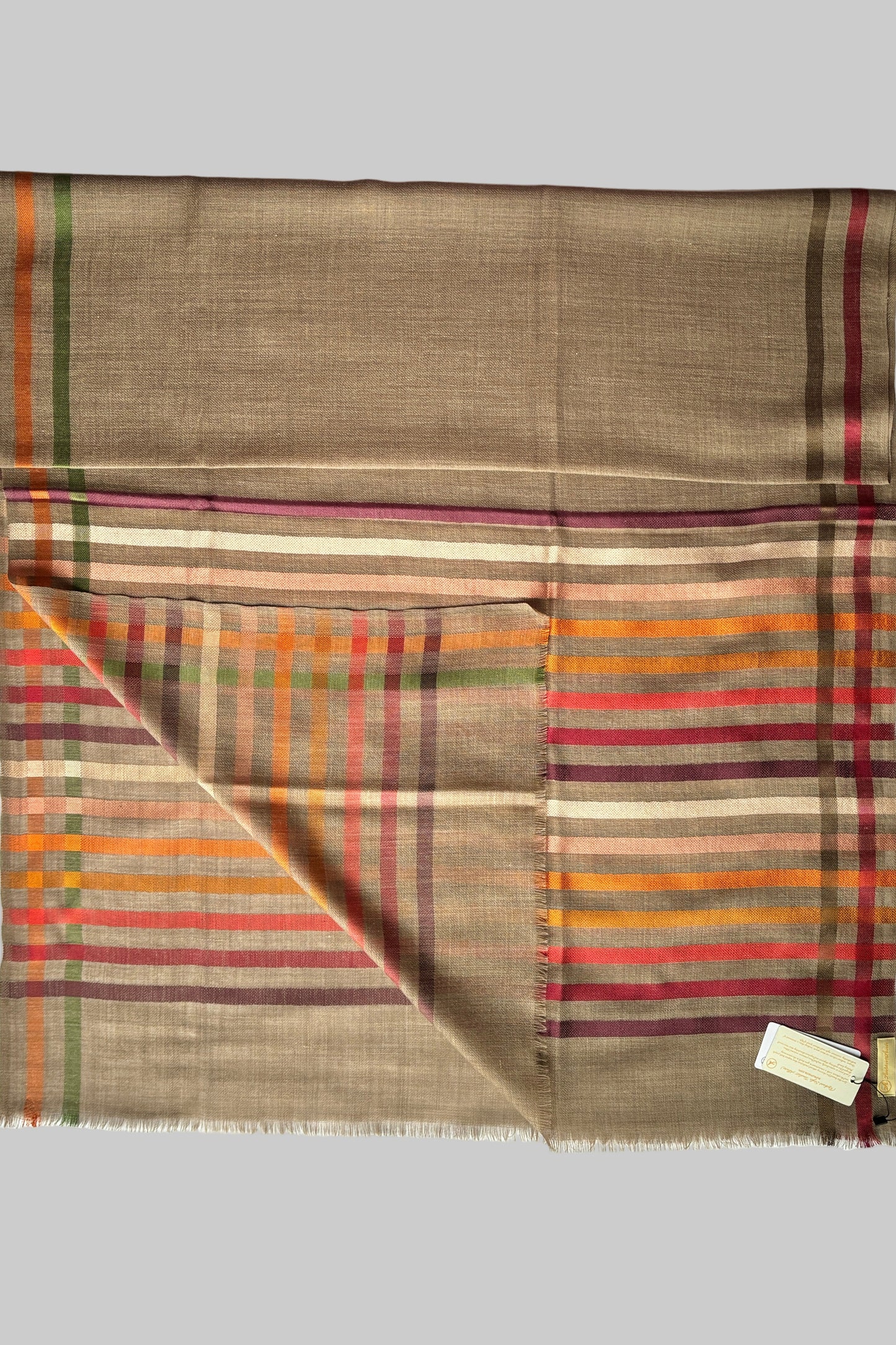 Brown Wool-Silk Stole with Rainbow Edge