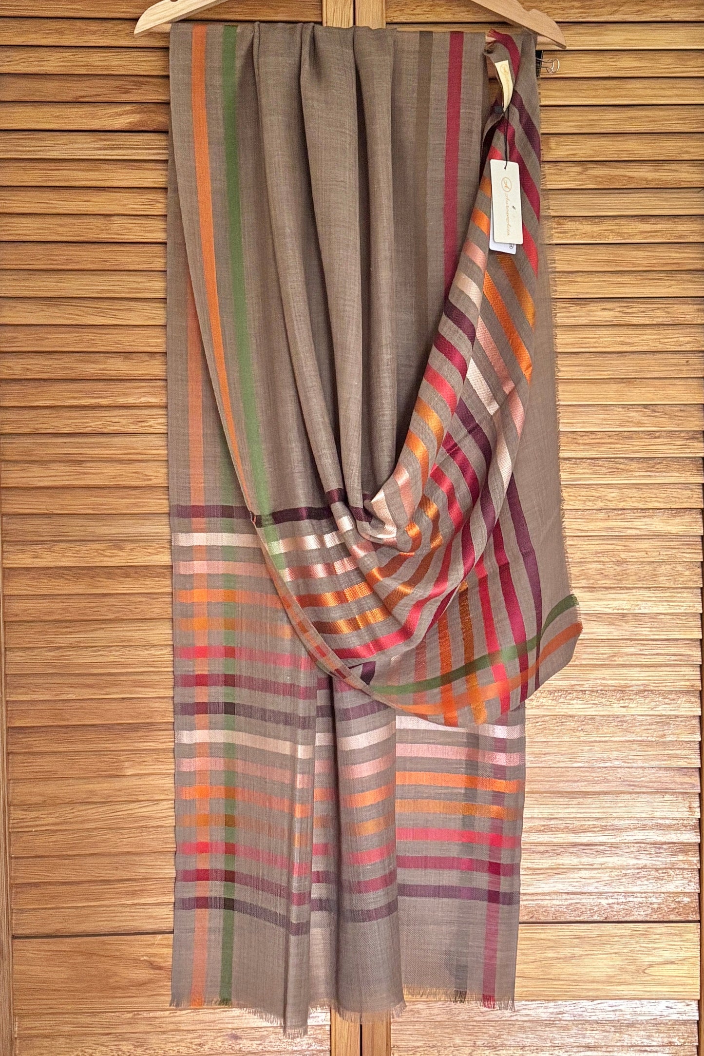 Brown Wool-Silk Stole with Rainbow Edge