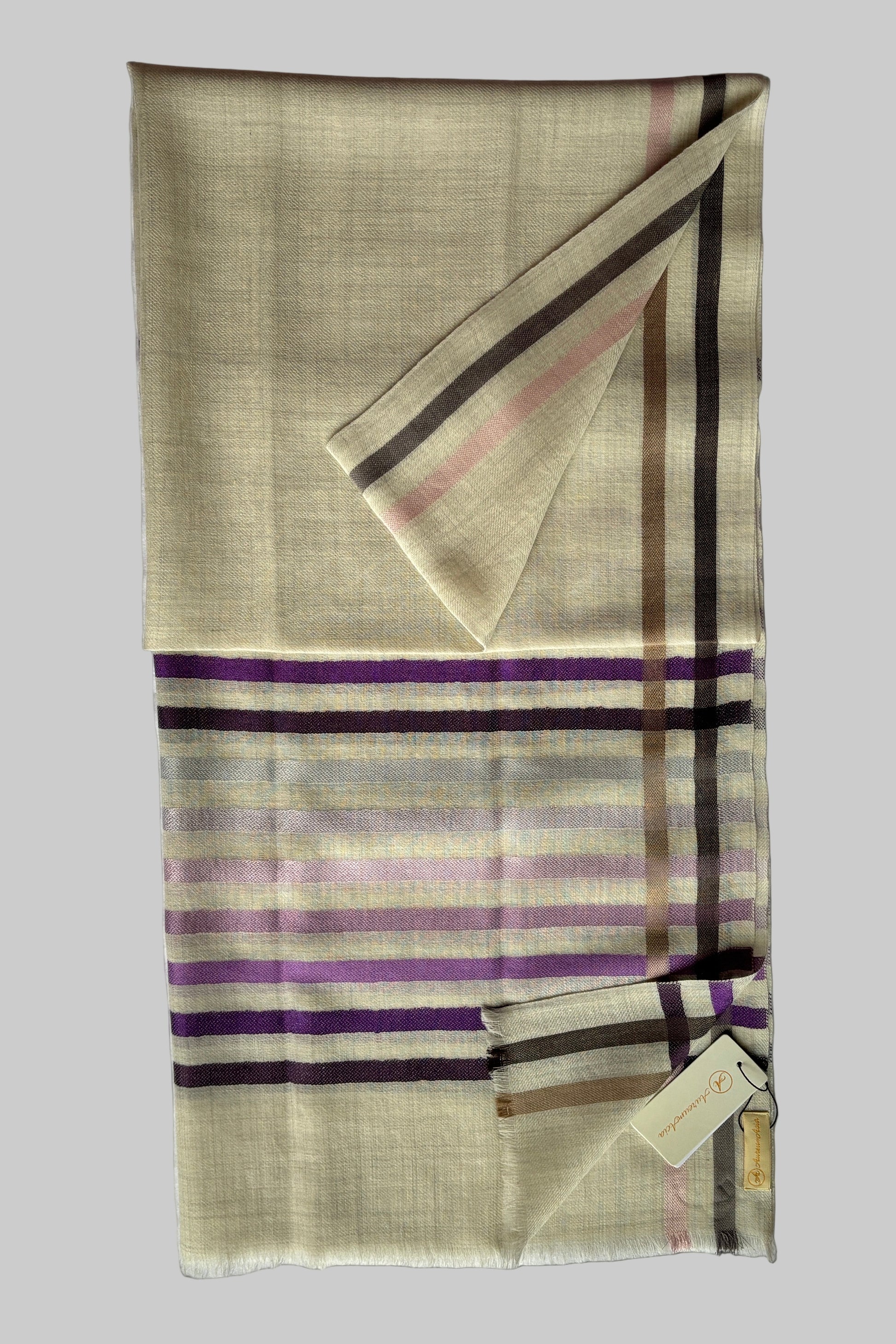 Cream coloured Wool-Silk Stole with Rainbow Edge