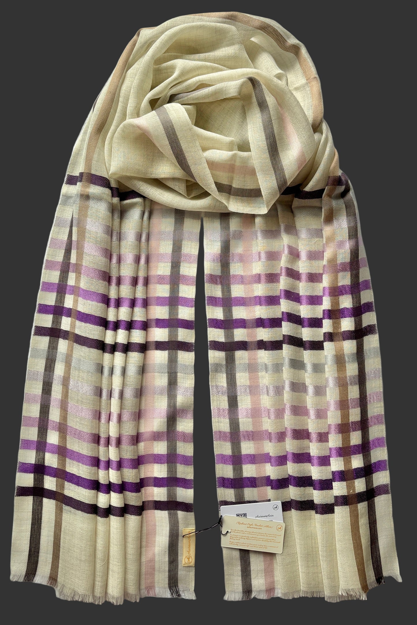 Cream coloured Wool-Silk Stole with Rainbow Edge
