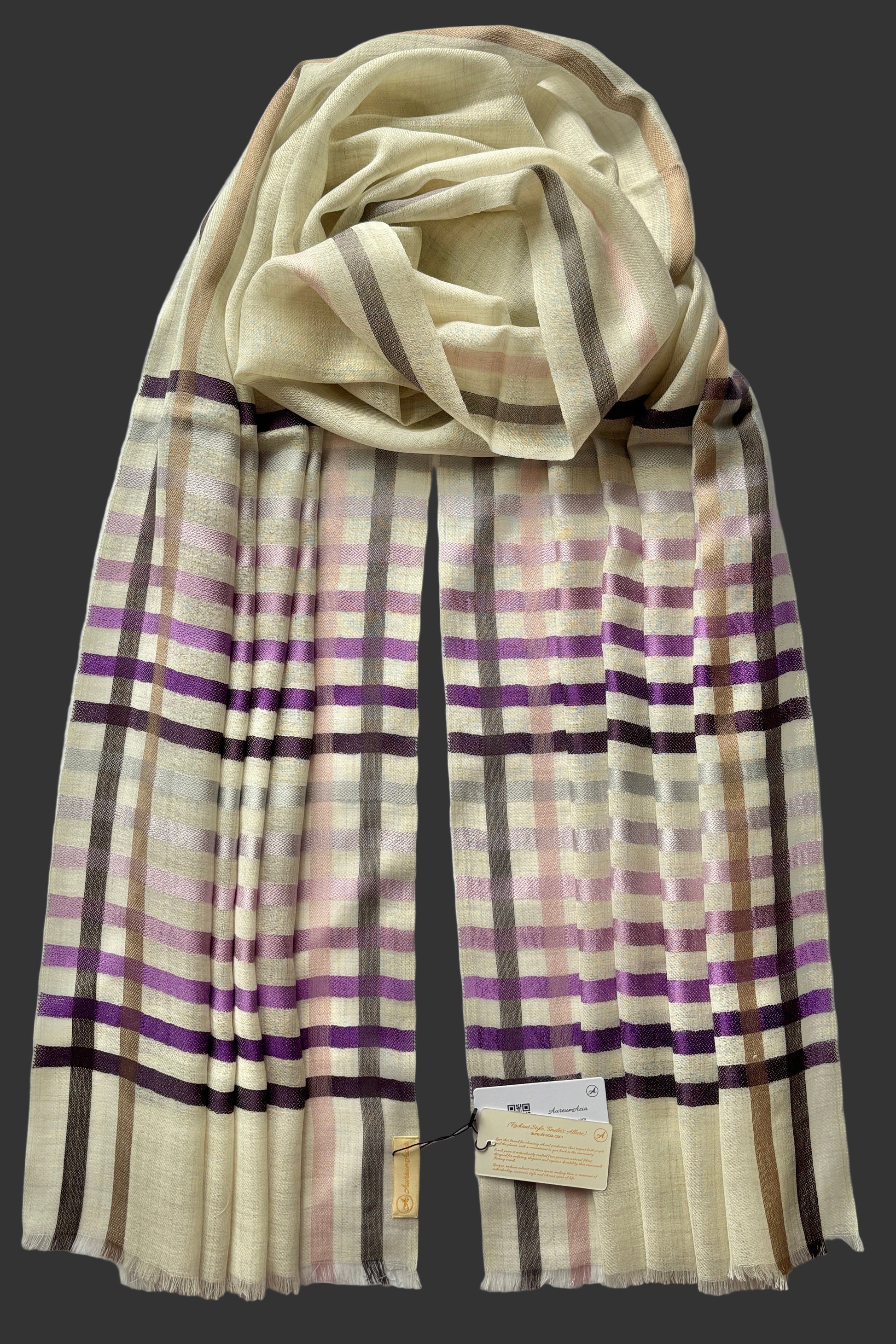 Cream coloured Wool-Silk Stole with Rainbow Edge