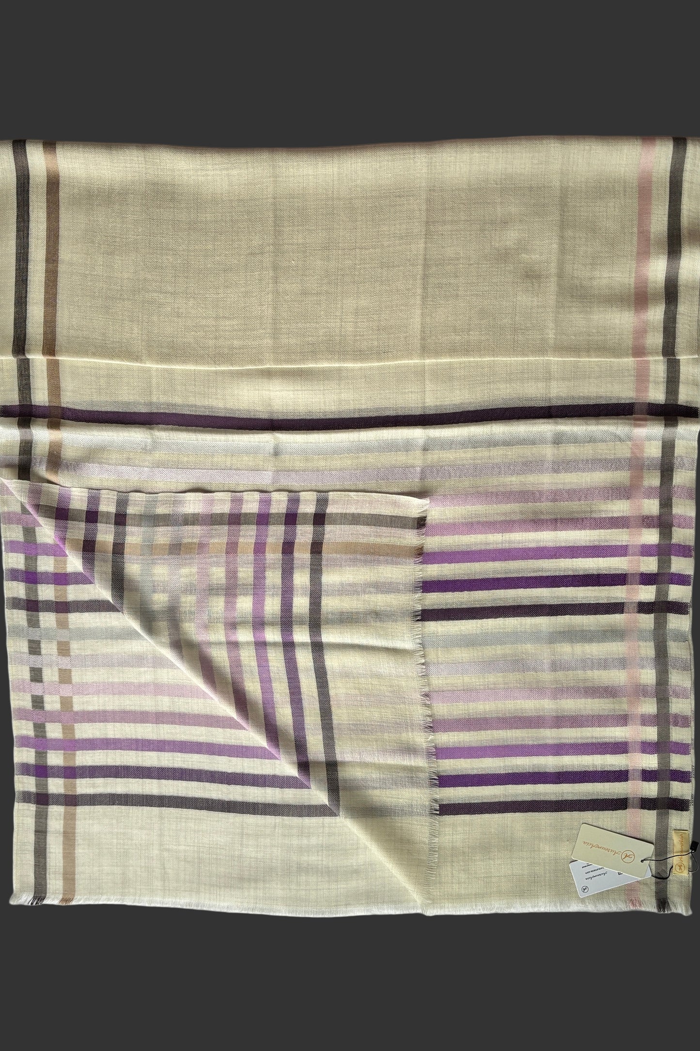 Cream coloured Wool-Silk Stole with Rainbow Edge