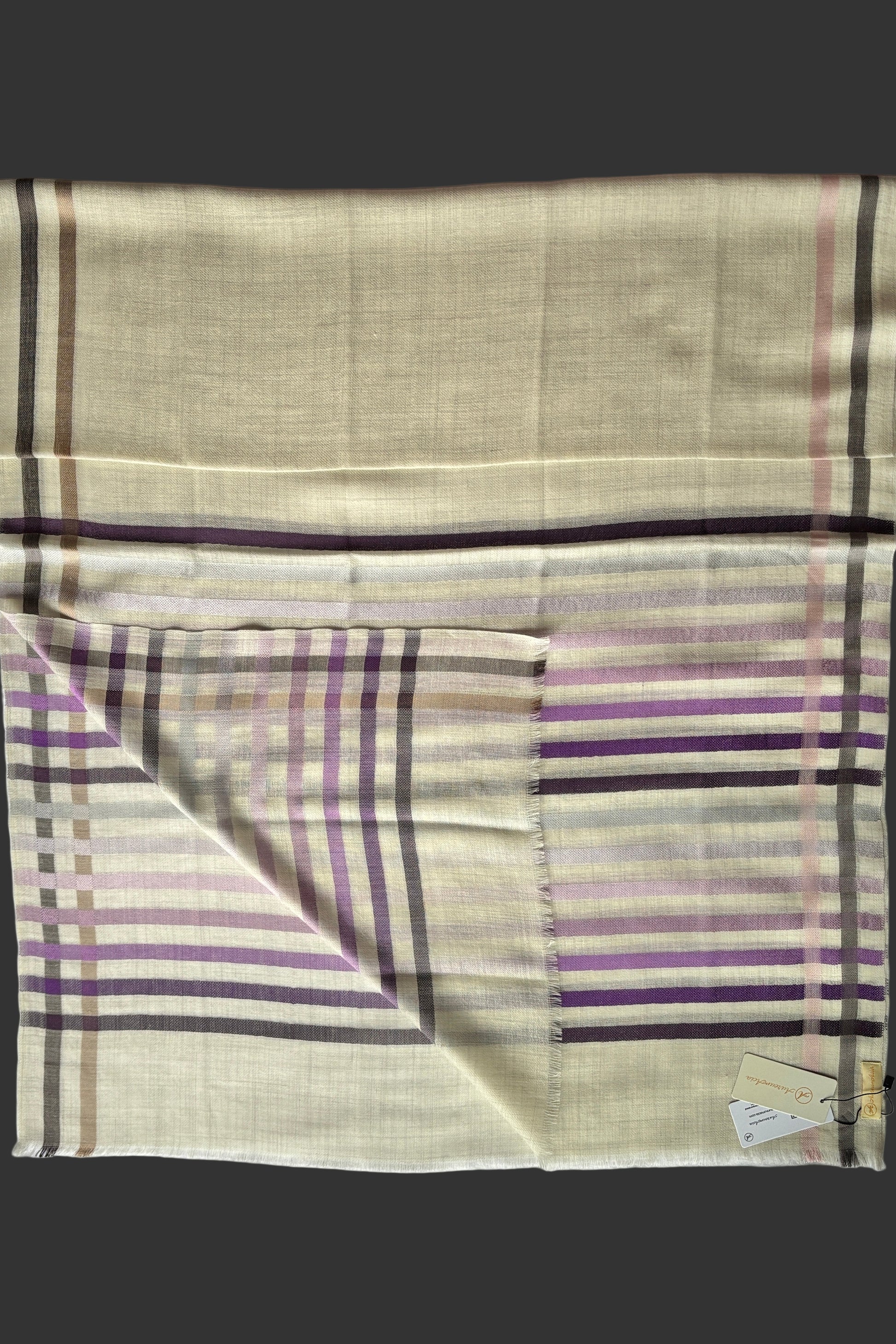 Cream coloured Wool-Silk Stole with Rainbow Edge