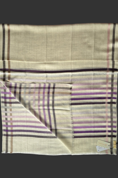Cream coloured Wool-Silk Stole with Rainbow Edge