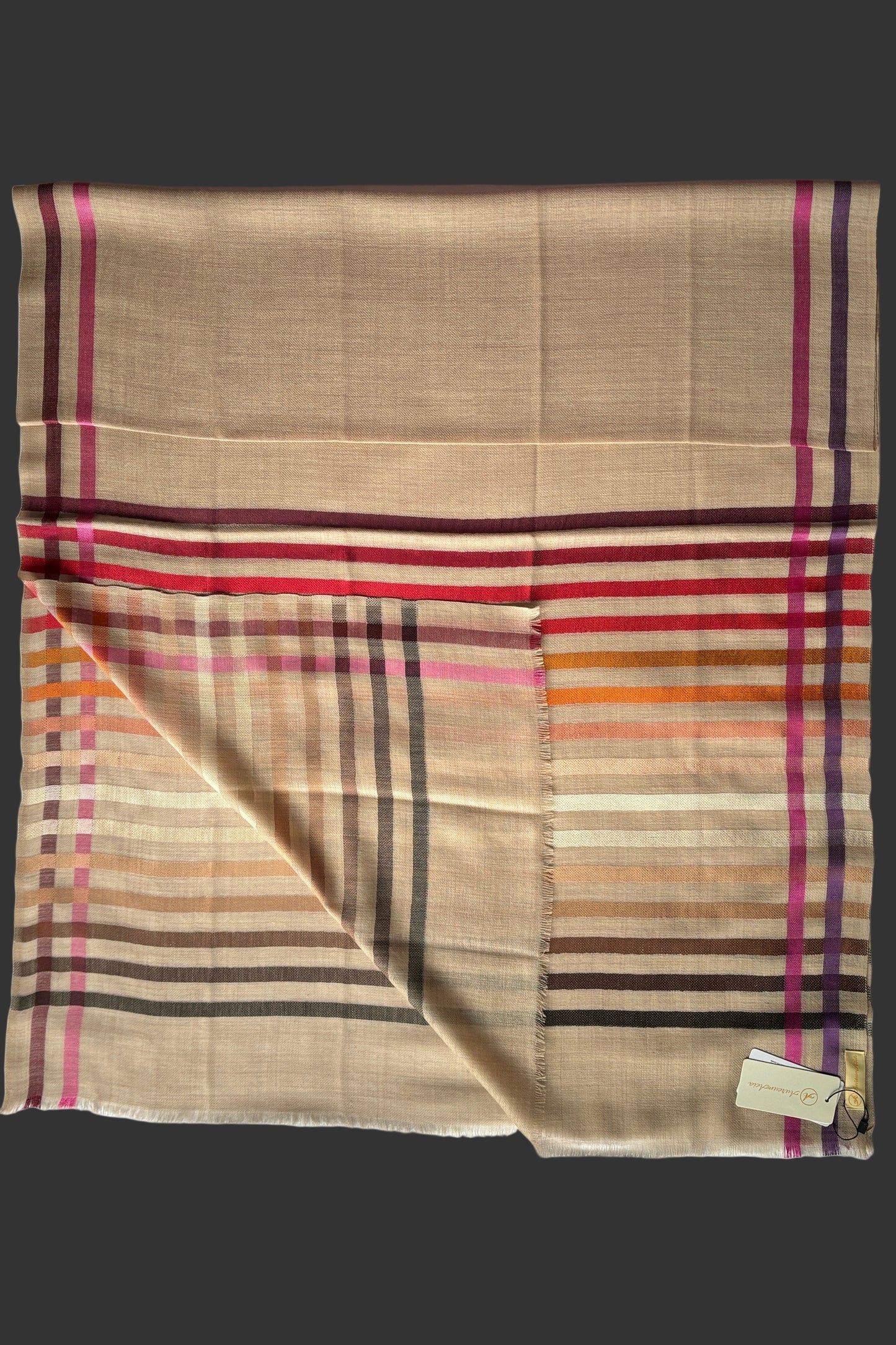 Light Brown coloured Wool-Silk Stole with Rainbow Edge