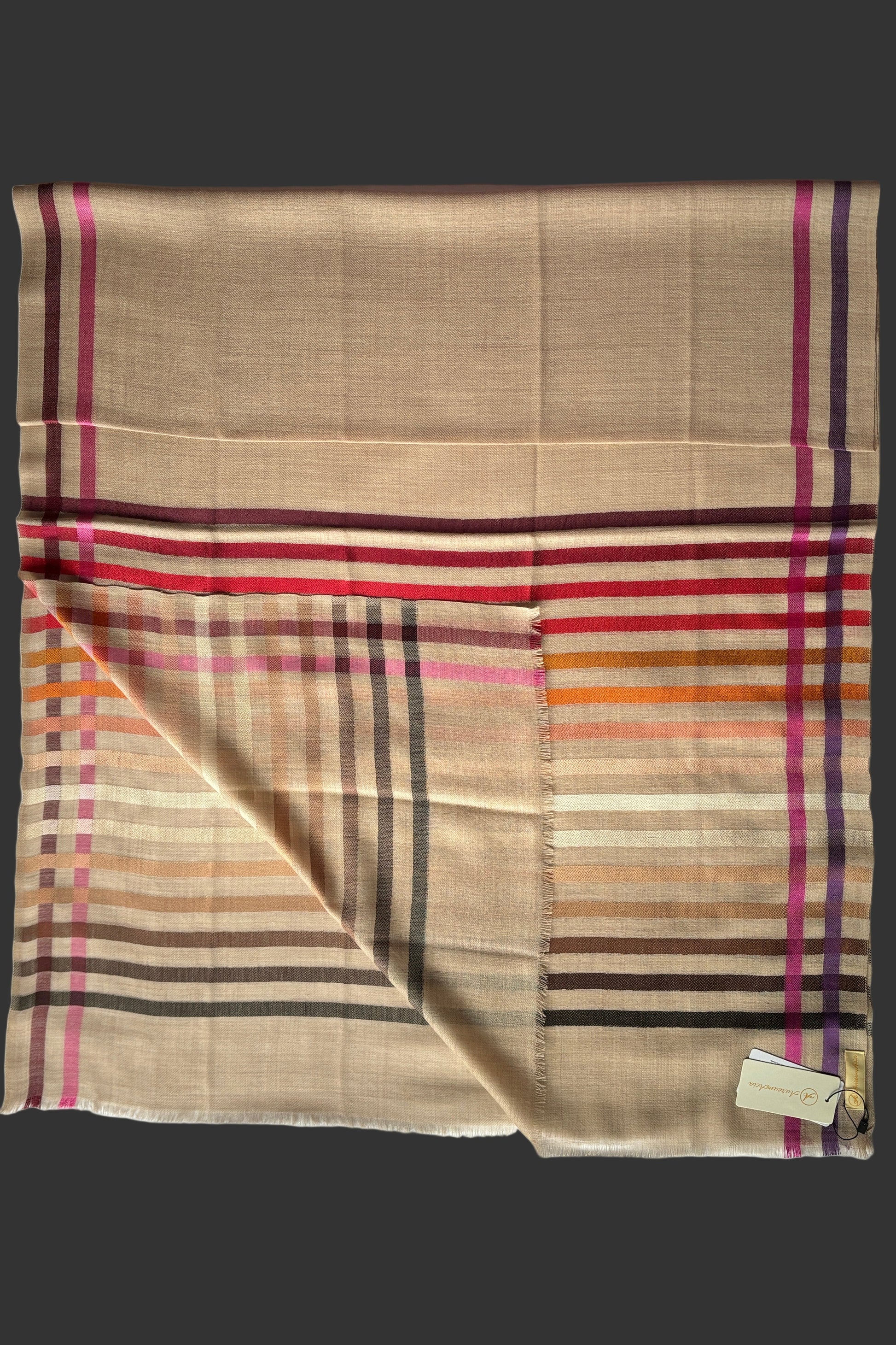 Light Brown coloured Wool-Silk Stole with Rainbow Edge