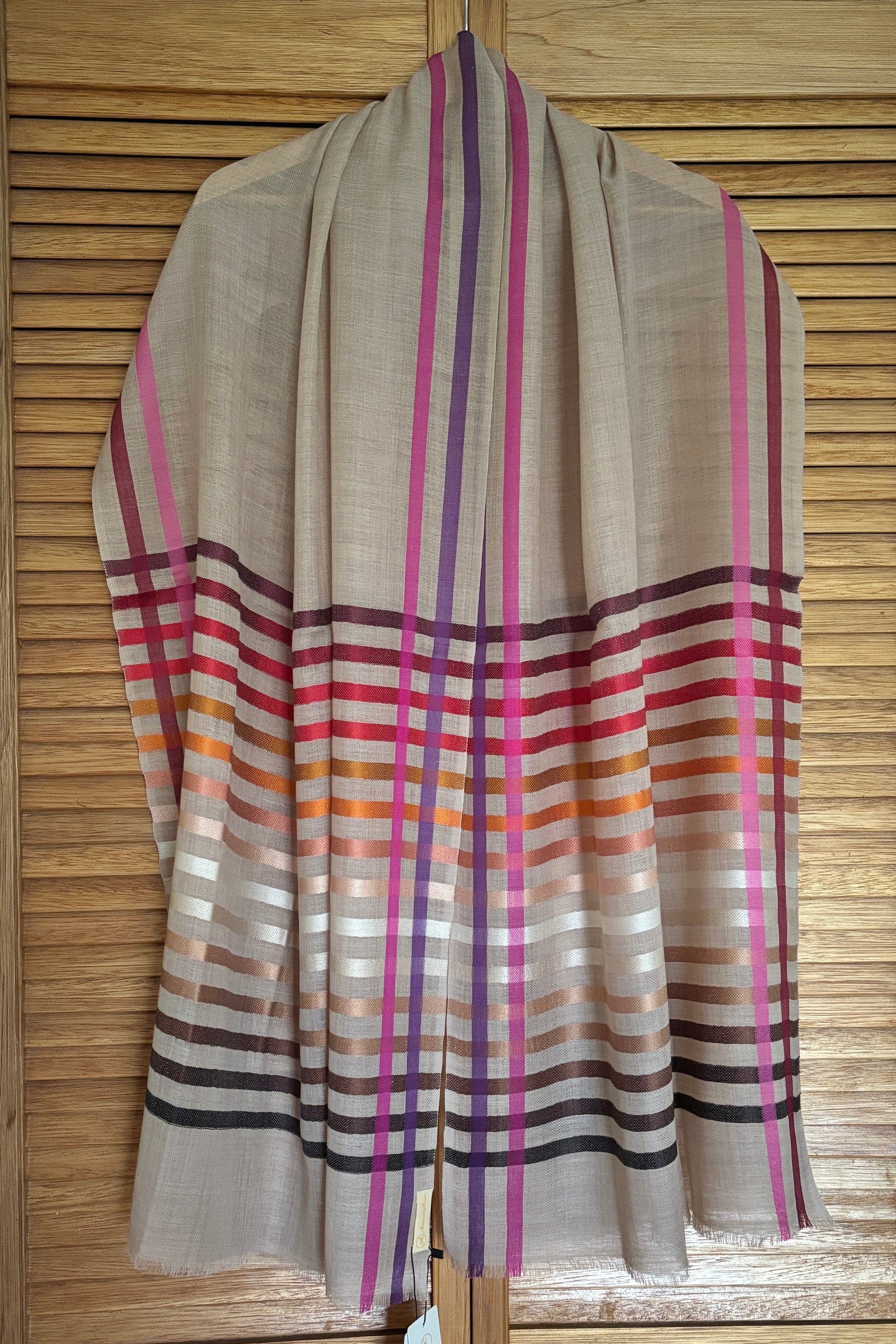 Light Brown coloured Wool-Silk Stole with Rainbow Edge