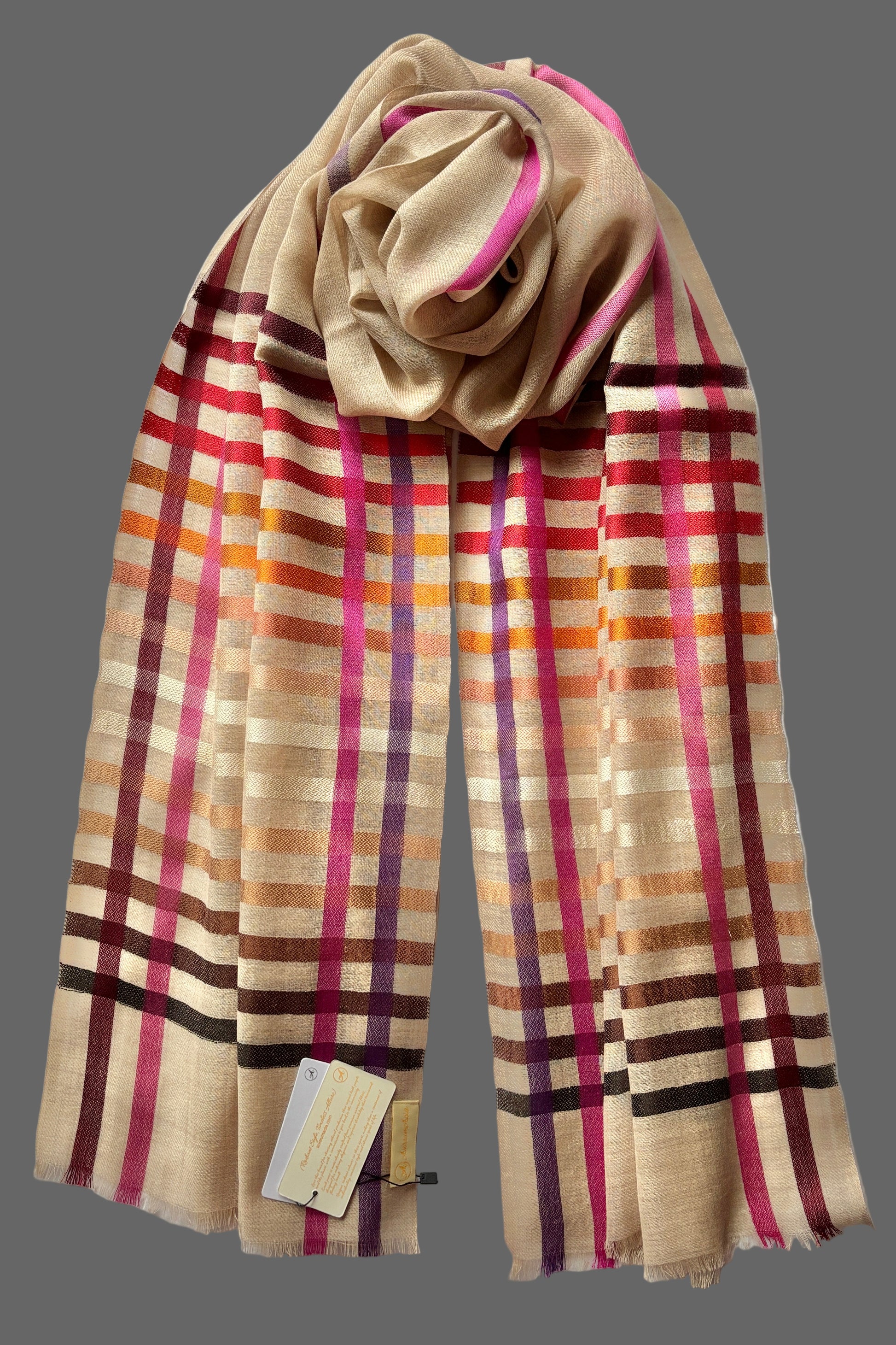 Light Brown coloured Wool-Silk Stole with Rainbow Edge