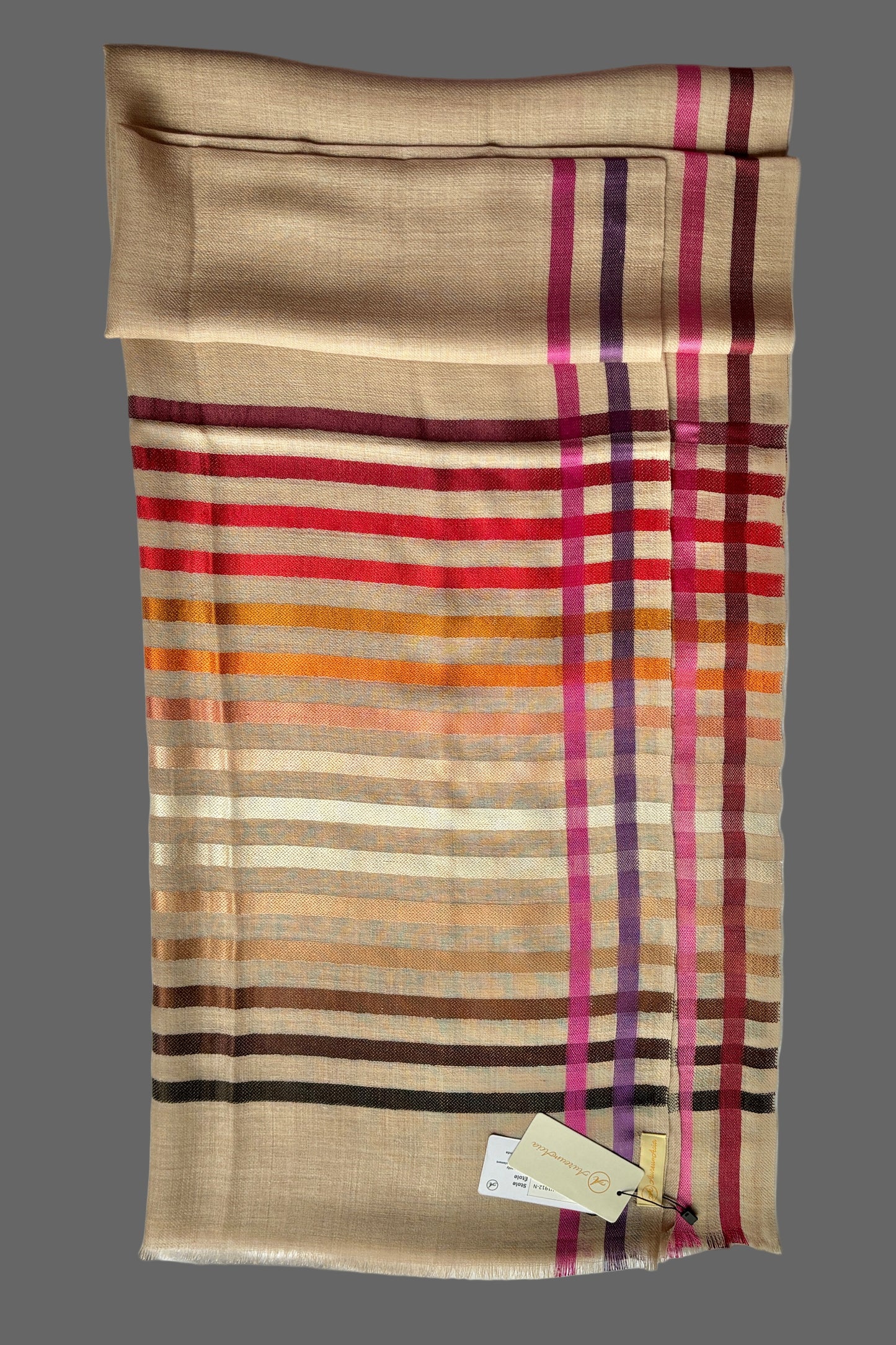 Light Brown coloured Wool-Silk Stole with Rainbow Edge