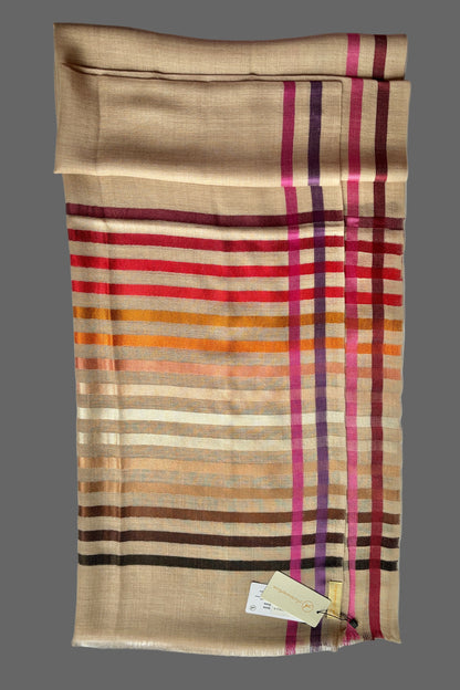 Light Brown coloured Wool-Silk Stole with Rainbow Edge