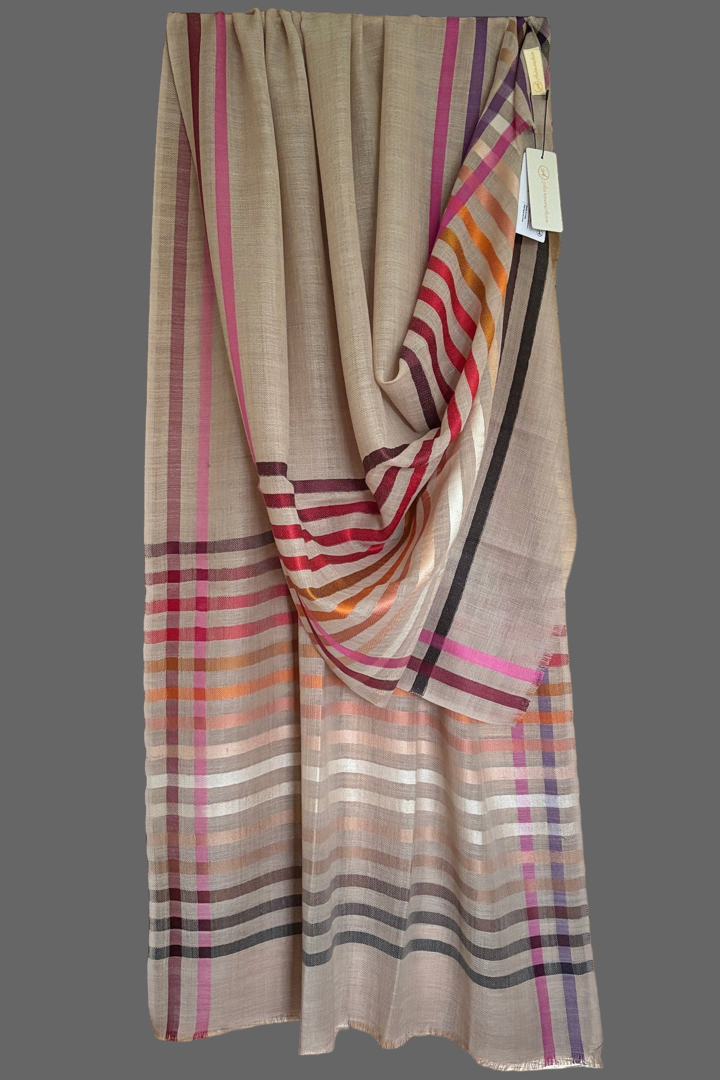 Light Brown coloured Wool-Silk Stole with Rainbow Edge